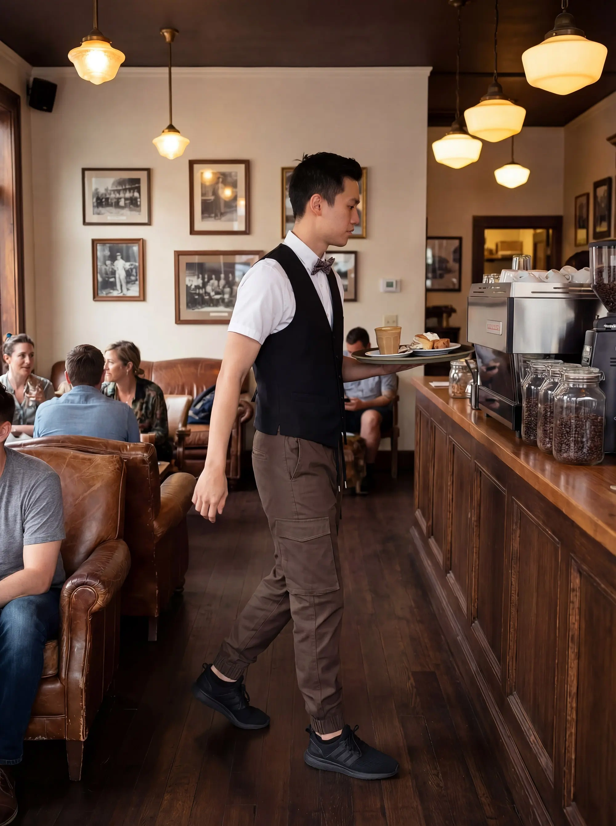 A male barista working in a bustling coffee shop, wearing a white shirt, black vest, and men's dark brown cargo joggers with black sneakers, carrying a tray of coffee and pastries.
