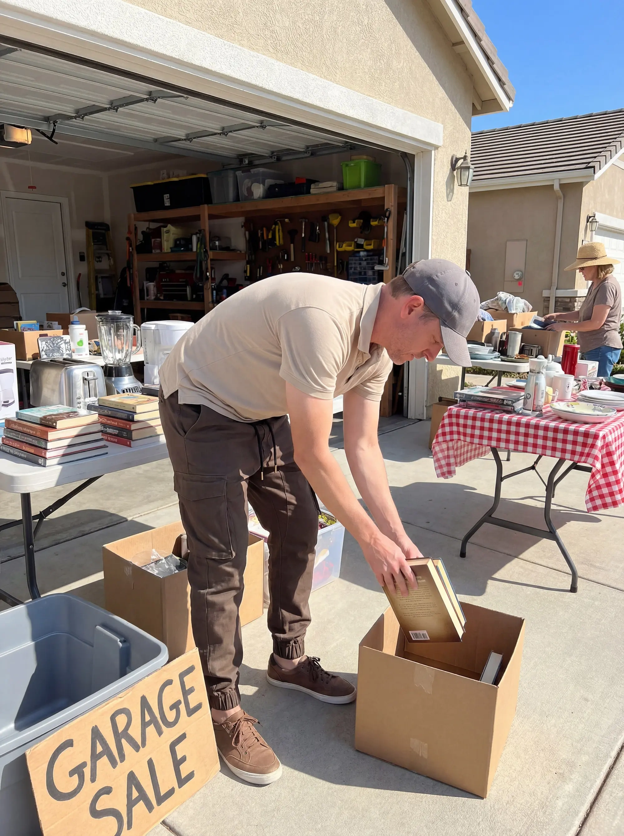A man organizing items at a weekend garage sale, wearing a beige polo shirt and men's dark brown cargo joggers, bending down to place books in a cardboard box, highlighting the pants' everyday comfort and mobility.