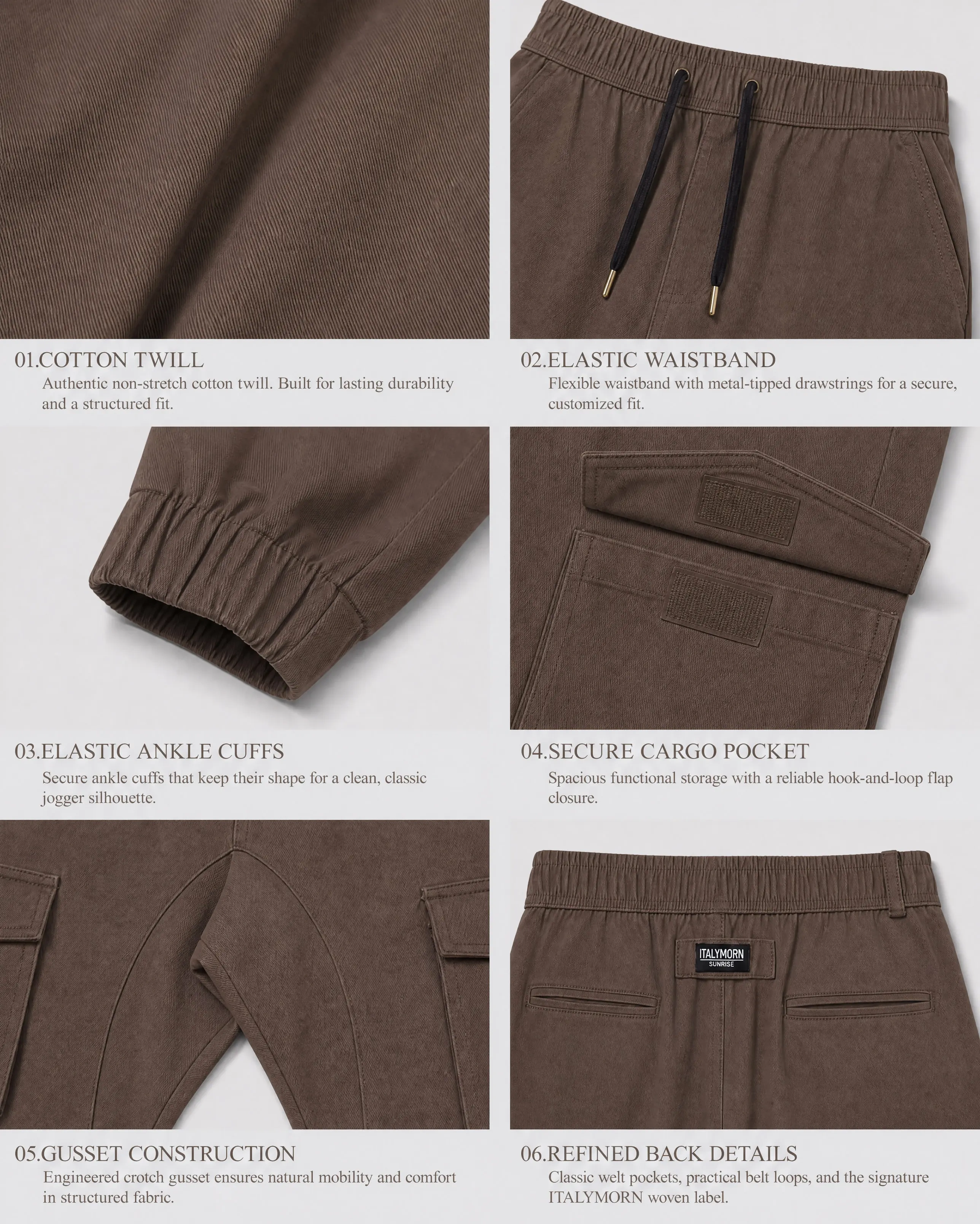 A collage of six close-up details of dark brown cargo joggers, highlighting the authentic non-stretch cotton twill fabric, elastic waistband with metal-tipped drawstrings, ankle cuffs, secure hook-and-loop cargo pockets, crotch gusset construction, and refined back pockets.