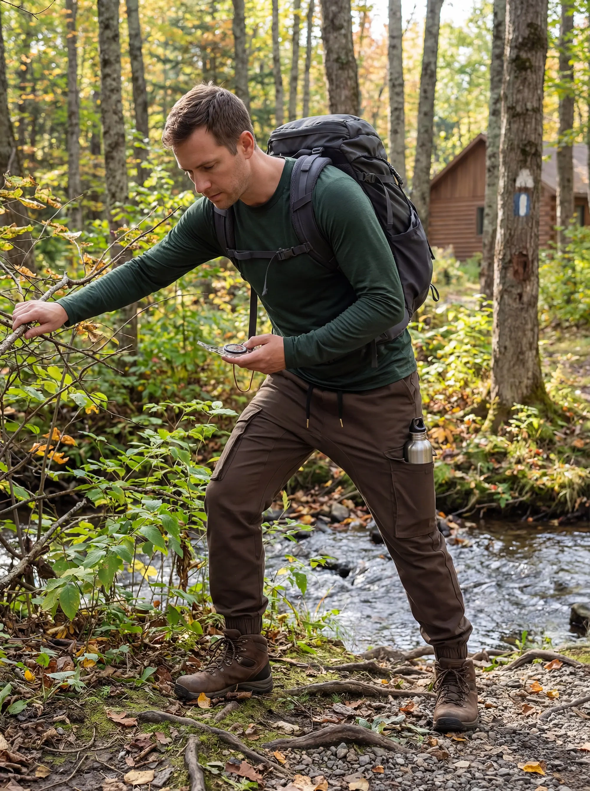 A man hiking in a forest near a stream, wearing a dark green long-sleeve shirt, men's dark brown cargo joggers, and brown hiking boots. He is holding a compass and carrying a backpack, demonstrating the pants' outdoor utility.