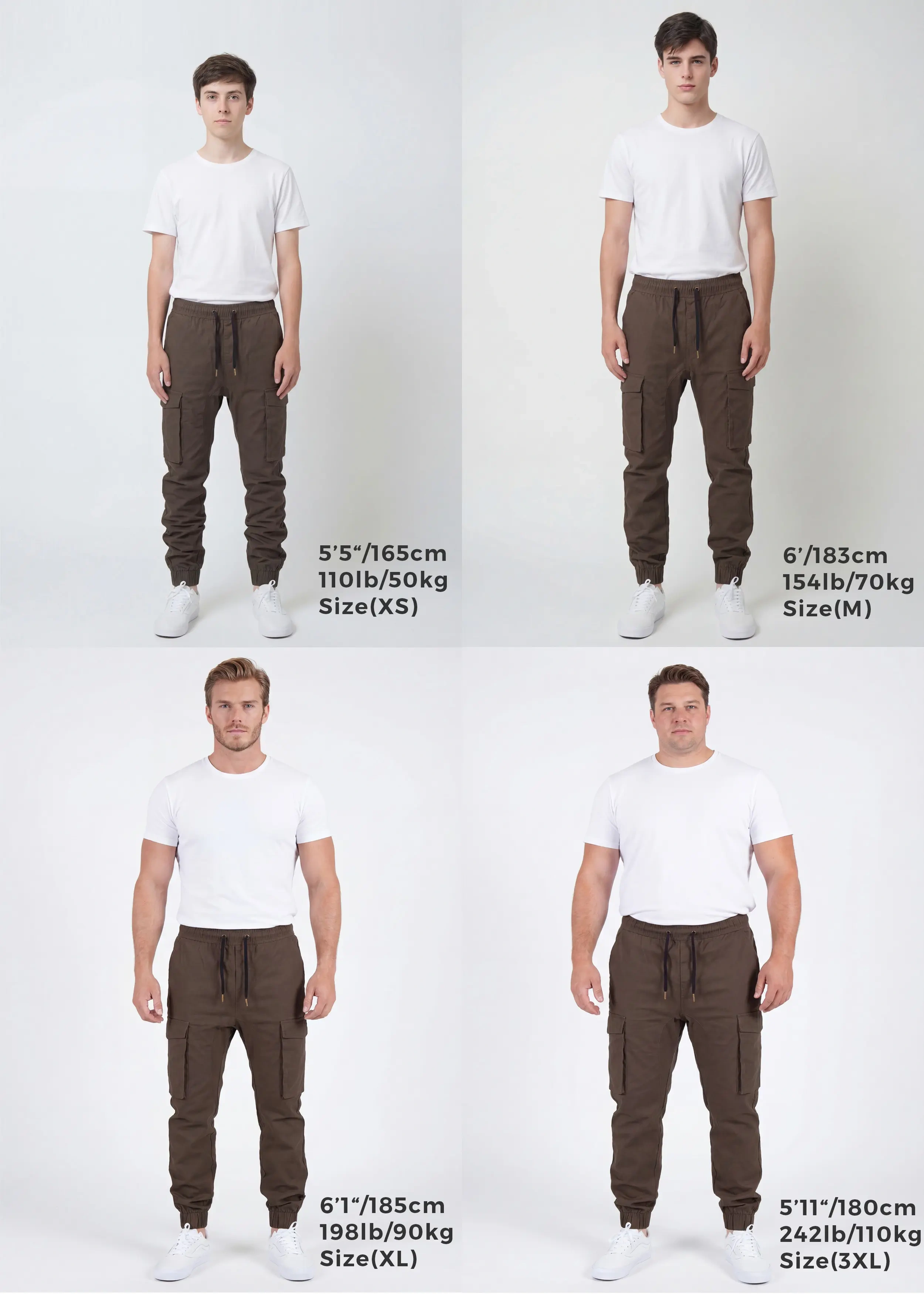 A comprehensive sizing guide showing four different male models wearing the same dark brown cargo joggers. It displays size XS on a 5 foot 5 model, size M on a 6 foot model, size XL on a 6 foot 1 model, and size 3XL on a 5 foot 11 model to help customers find their perfect fit.