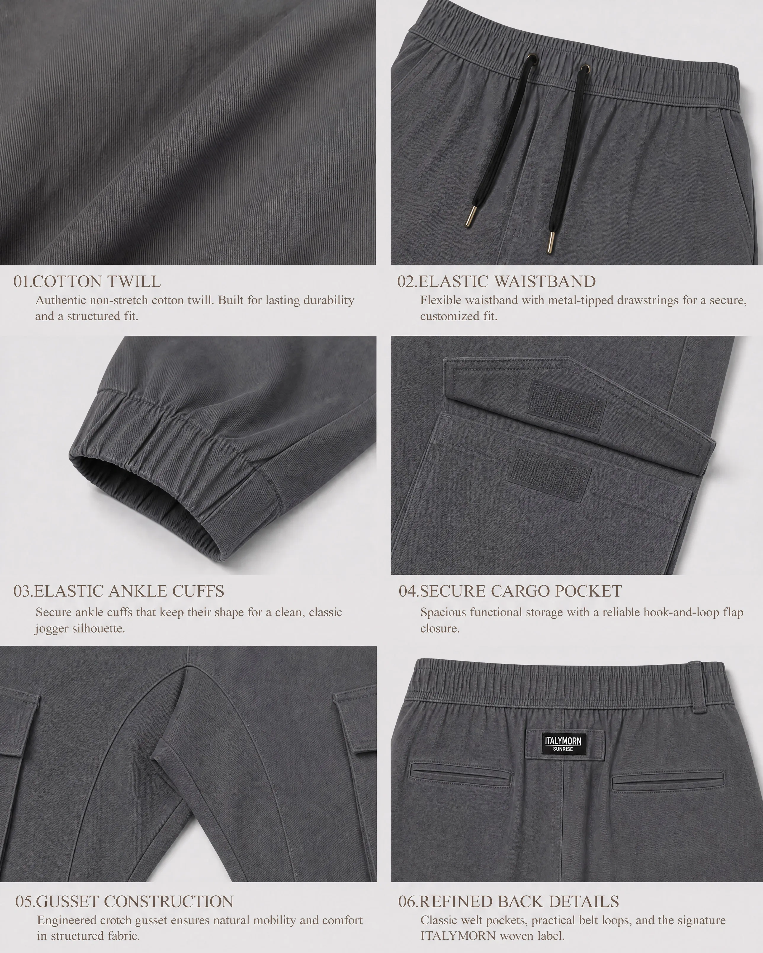 A collage of six close-up details of dark grey cargo joggers, highlighting the authentic 100% cotton non-stretch twill fabric, elastic waistband with metal-tipped drawstrings, ankle cuffs, secure hook-and-loop cargo pockets, crotch gusset construction, and refined back pockets.