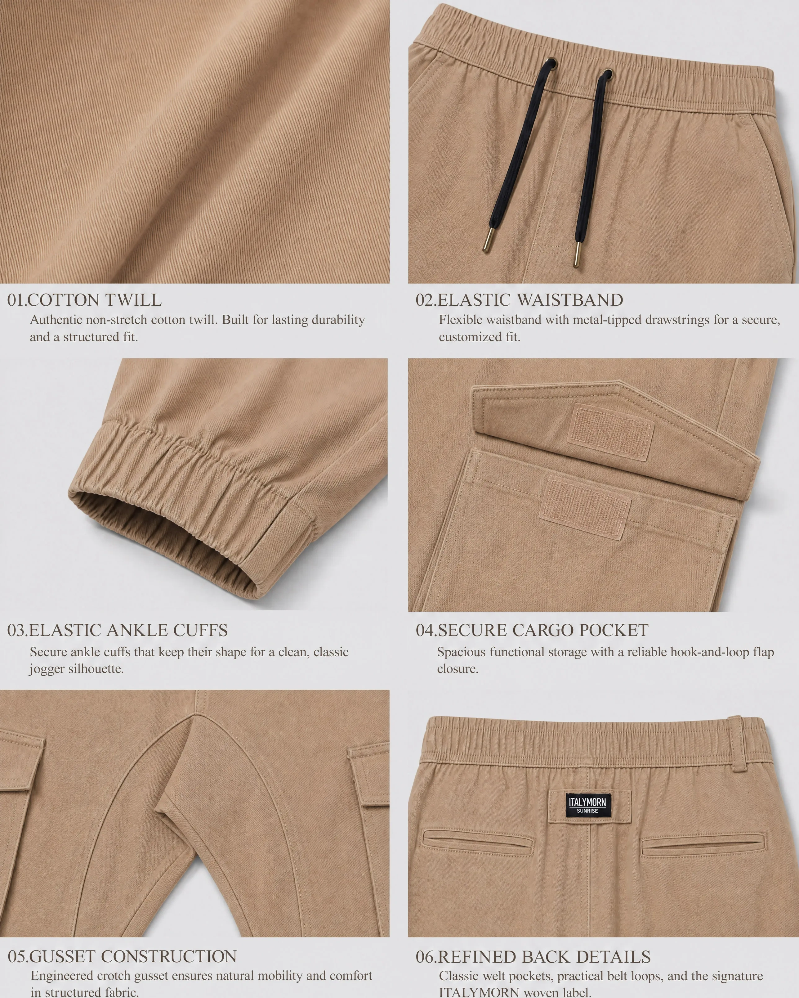 A collage of six close-up details of dark khaki cargo joggers, highlighting the 100% cotton non-stretch twill fabric, elastic waistband with metal-tipped drawstrings, ankle cuffs, secure hook-and-loop cargo pockets, crotch gusset construction, and refined back pockets.