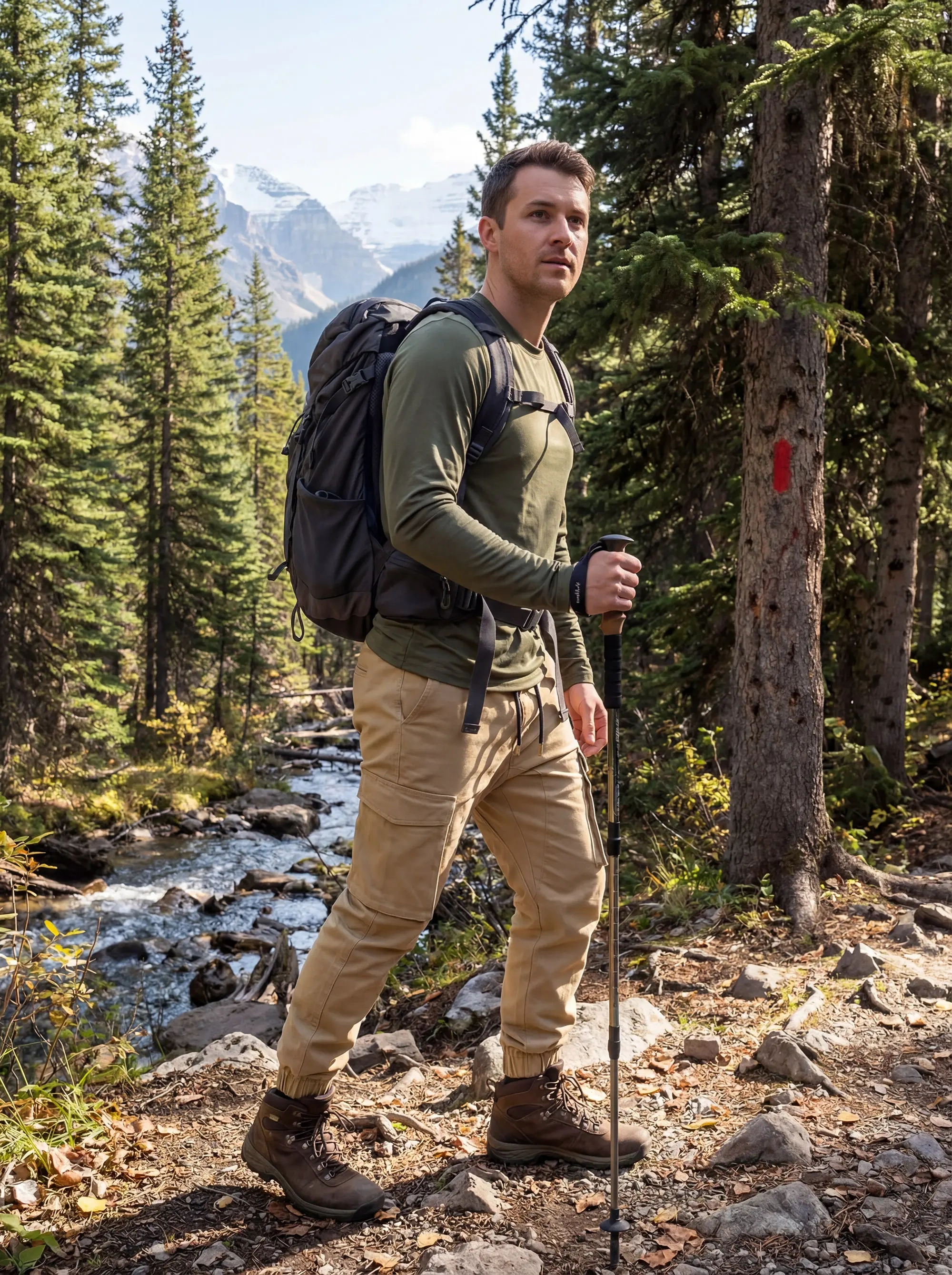 A man hiking on a mountain trail near a stream, wearing a green long-sleeve shirt, backpack, men's dark khaki cargo joggers, and brown hiking boots while holding a trekking pole.