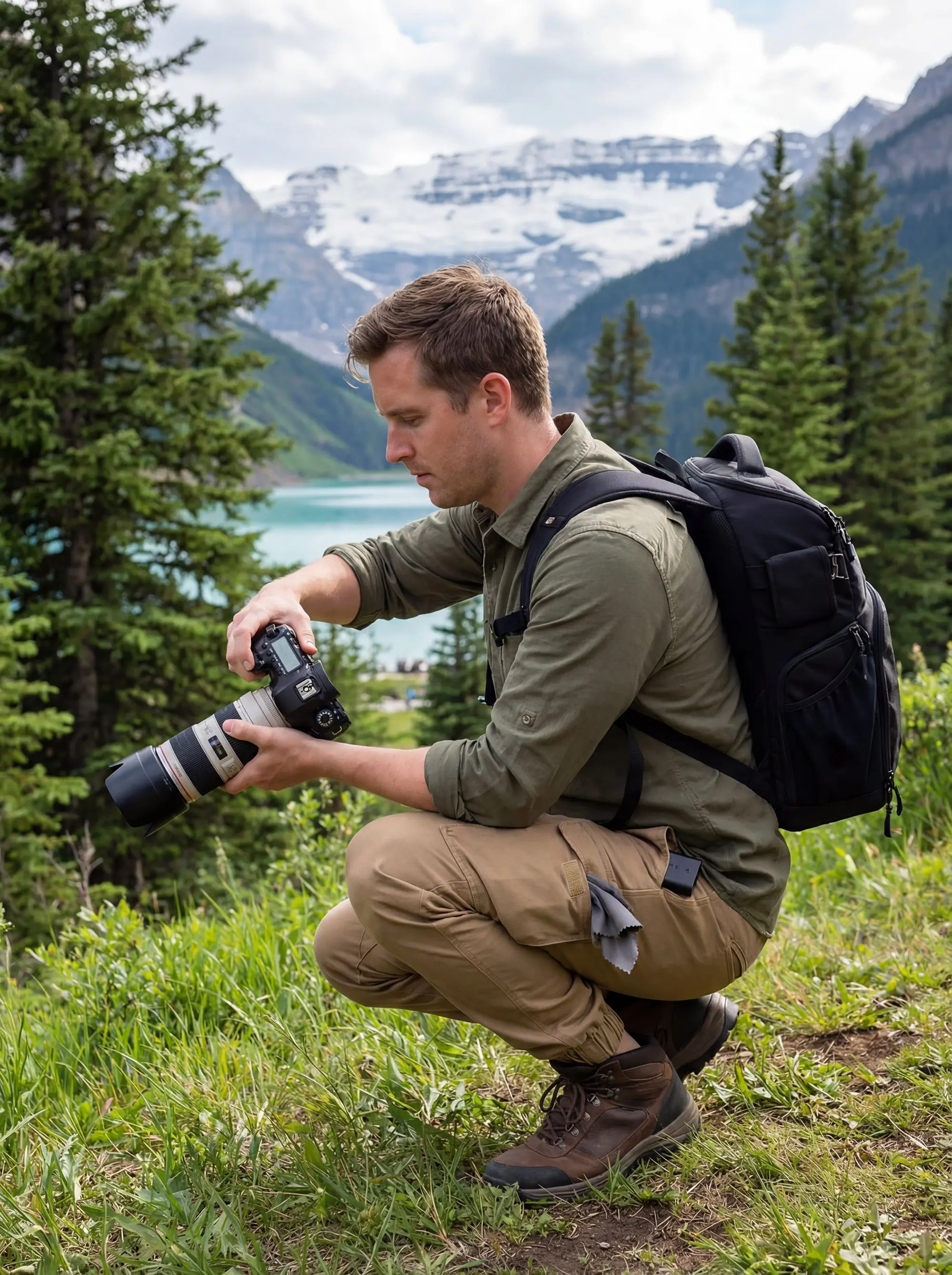 A nature photographer crouching in a grassy mountain landscape holding a camera, wearing a green shirt, backpack, and men's dark khaki cargo joggers with hiking boots.