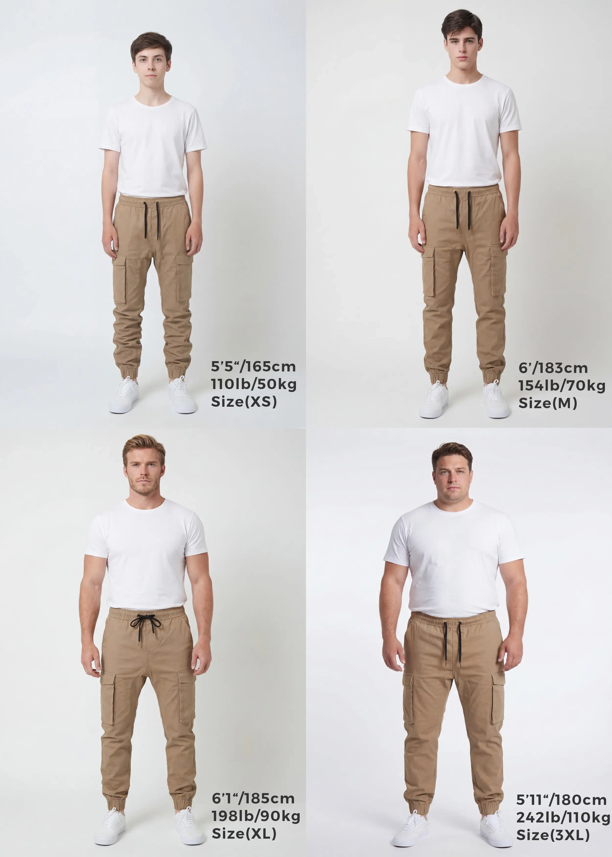 A comprehensive sizing guide showing four different male models wearing the same dark khaki cargo joggers. It displays size XS on a 5 foot 5 model, size M on a 6 foot model, size XL on a 6 foot 1 model, and size 3XL on a 5 foot 11 model to help customers find their perfect fit.