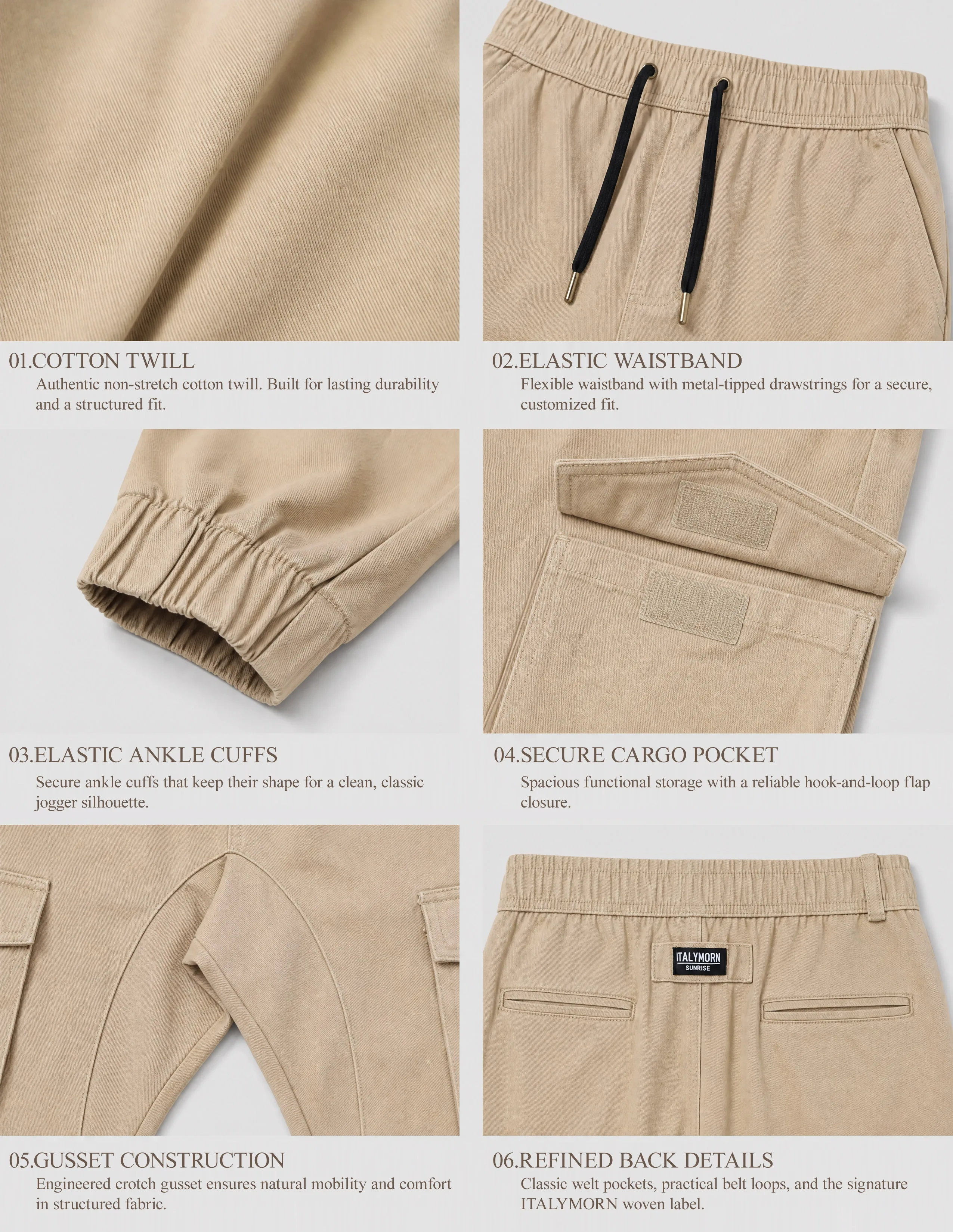 A collage of six close-up details of khaki cargo joggers, highlighting the 100% cotton non-stretch twill fabric, elastic waistband with metal-tipped drawstrings, ankle cuffs, secure hook-and-loop cargo pockets, crotch gusset construction, and refined back pockets.