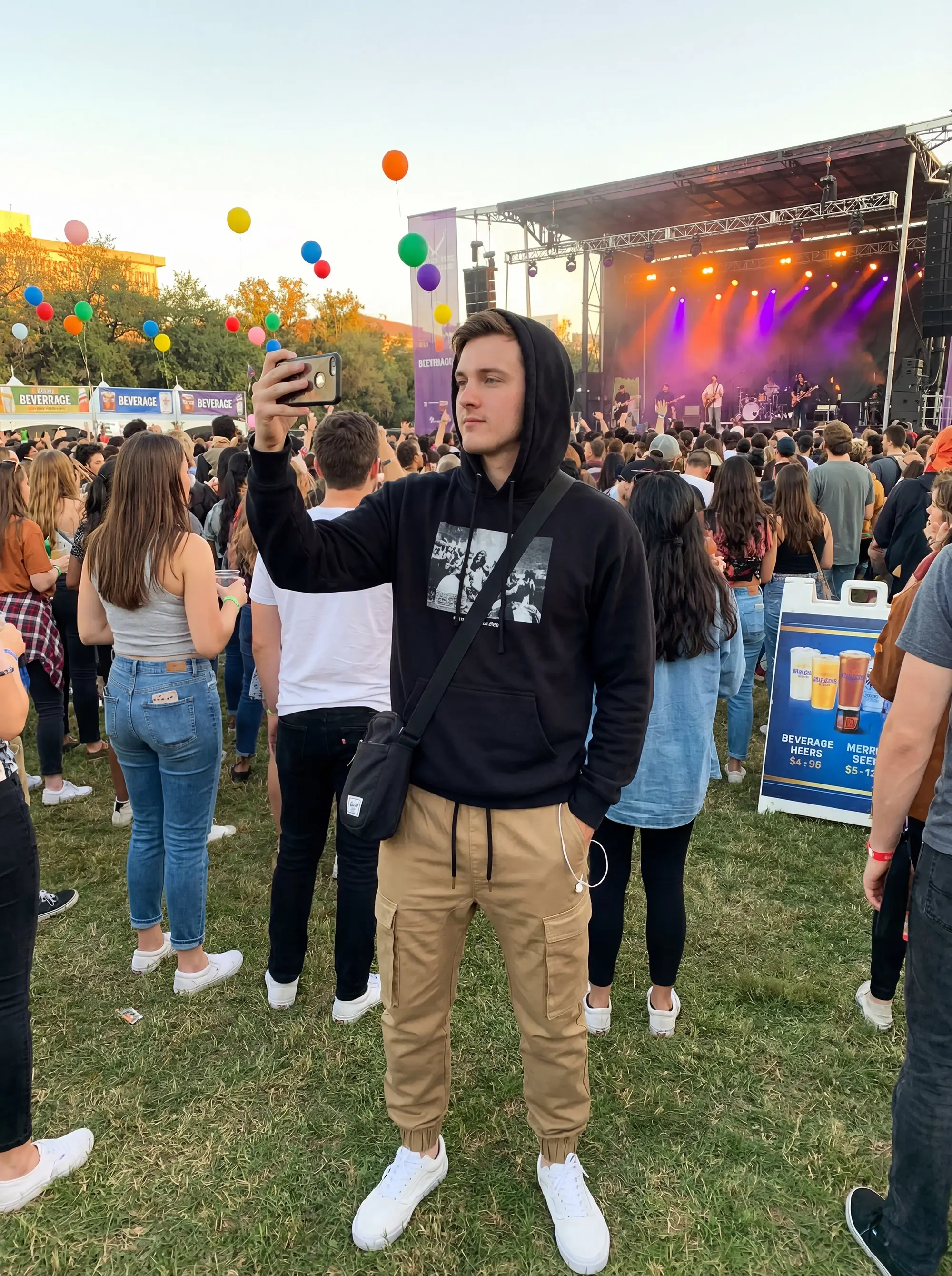 A young man taking a selfie at an outdoor music festival, wearing a black graphic hoodie, a crossbody bag, men's khaki cargo joggers, and white sneakers, showing the pants in a casual, energetic setting.