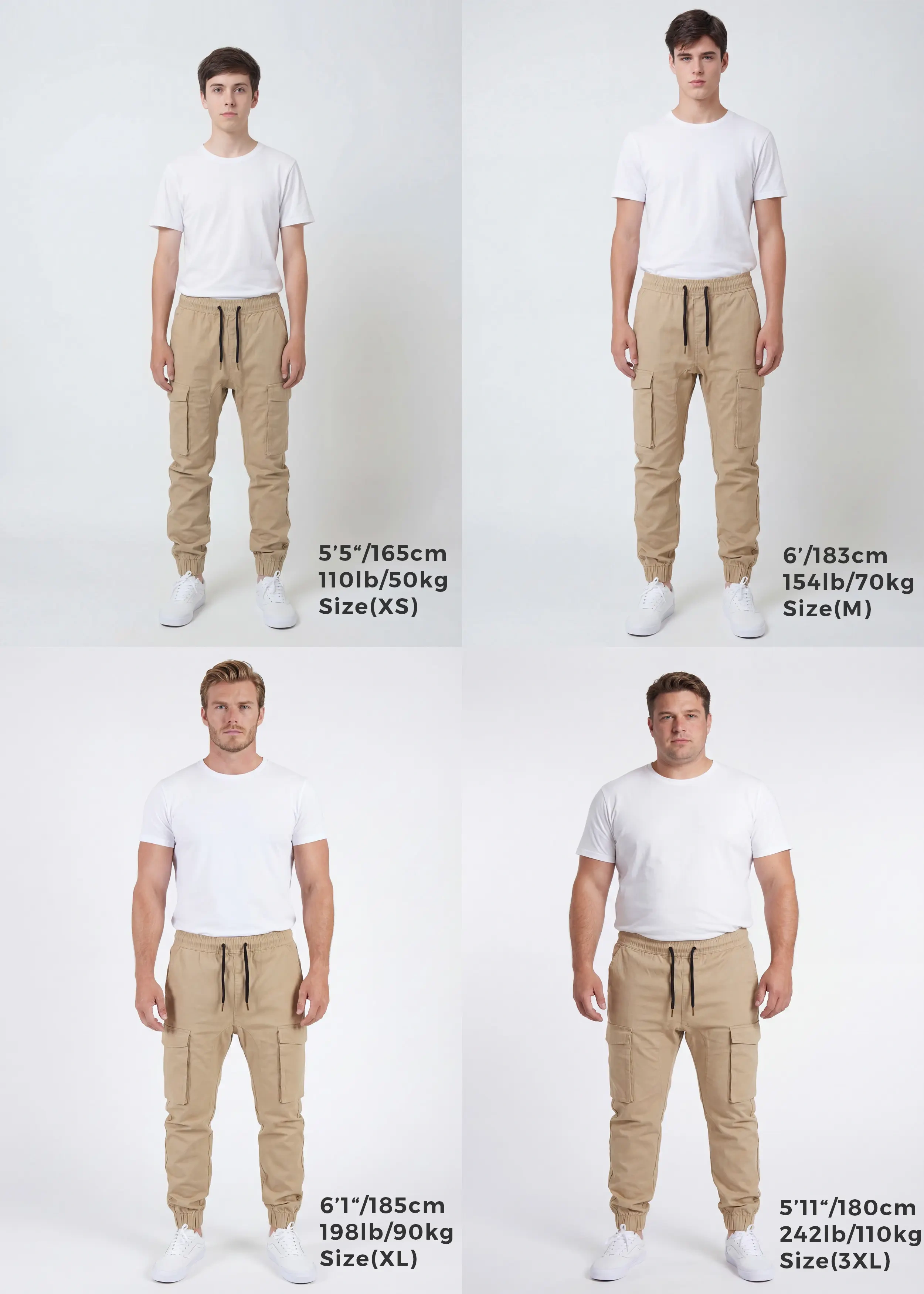 A comprehensive sizing guide showing four different male models wearing the same khaki cargo joggers. It displays size XS on a 5 foot 5 model, size M on a 6 foot model, size XL on a 6 foot 1 model, and size 3XL on a 5 foot 11 model to help customers find their perfect fit.
