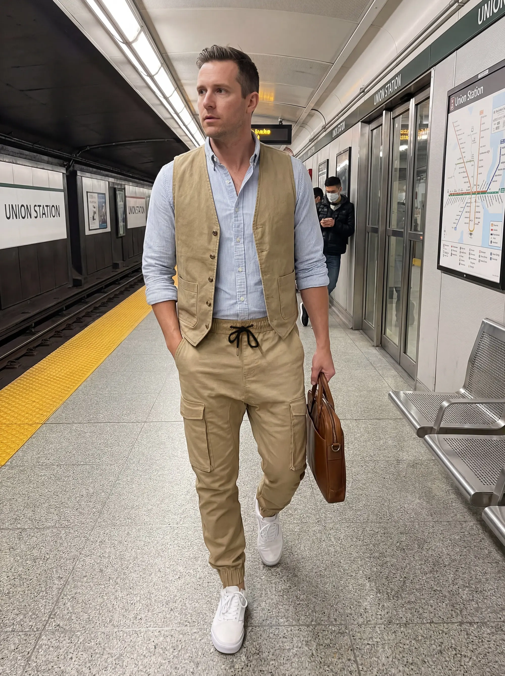 A stylish man walking through a subway station, dressed in a light blue striped shirt, a tan vest, men's khaki cargo joggers, and white sneakers while carrying a brown leather briefcase, highlighting urban commuter fashion.