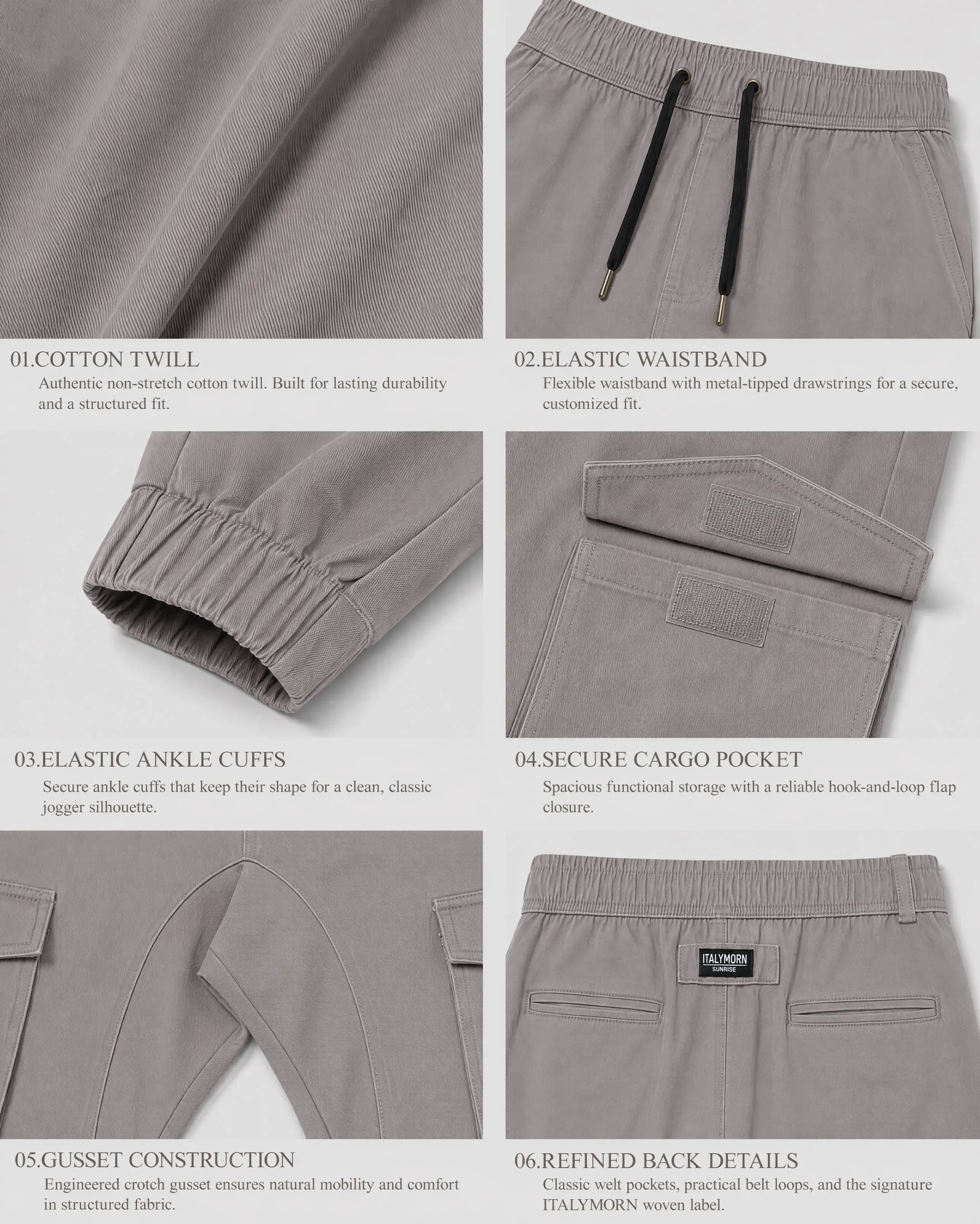 A collage of six close-up details of mid grey cargo joggers, highlighting the 100% cotton non-stretch twill fabric, elastic waistband with metal-tipped drawstrings, ankle cuffs, secure hook-and-loop cargo pockets, crotch gusset construction, and refined back pockets.