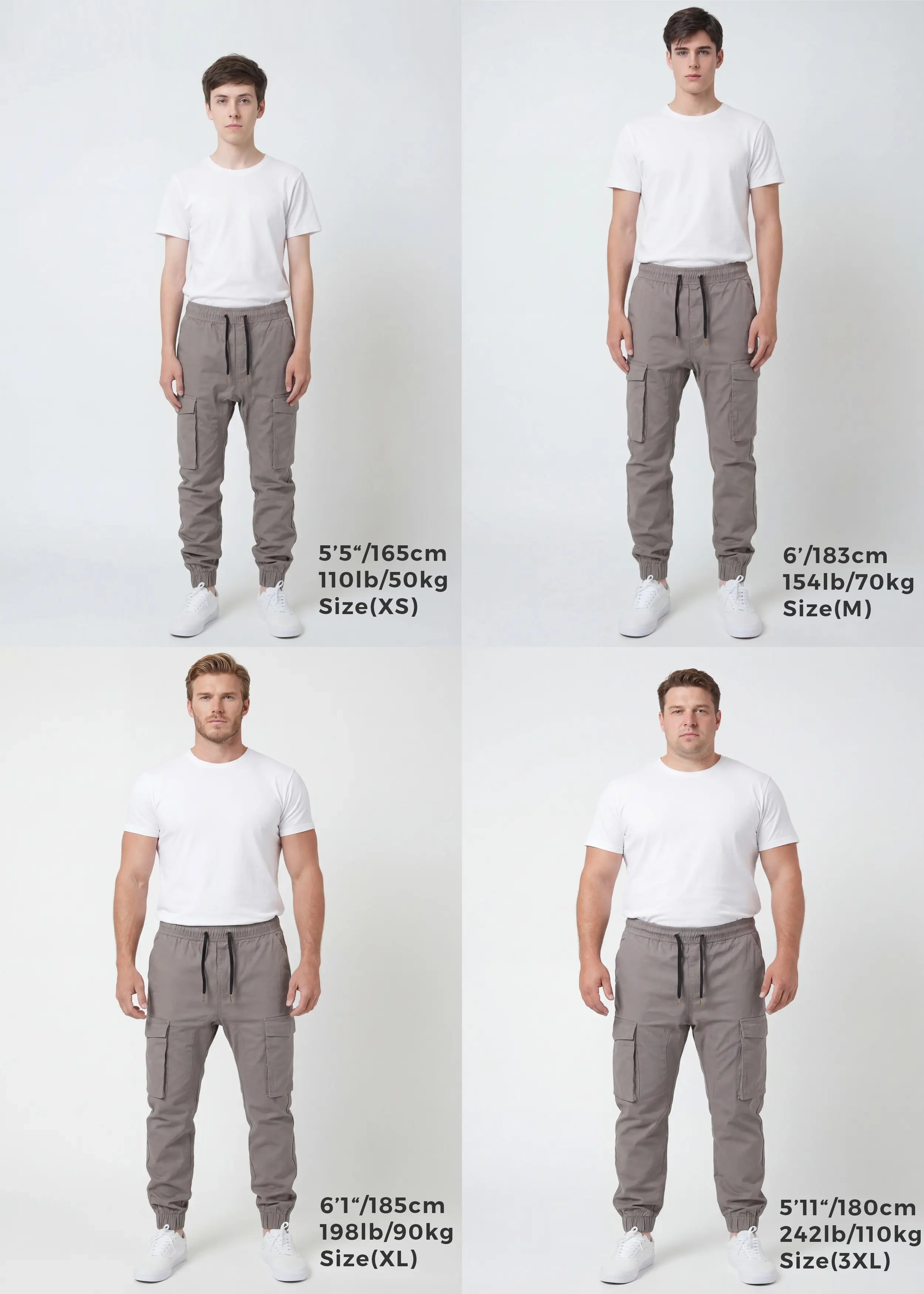 A comprehensive sizing guide showing four different male models wearing the same mid grey cargo joggers. It displays size XS on a 5 foot 5 model, size M on a 6 foot model, size XL on a 6 foot 1 model, and size 3XL on a 5 foot 11 model to help customers find their perfect fit.