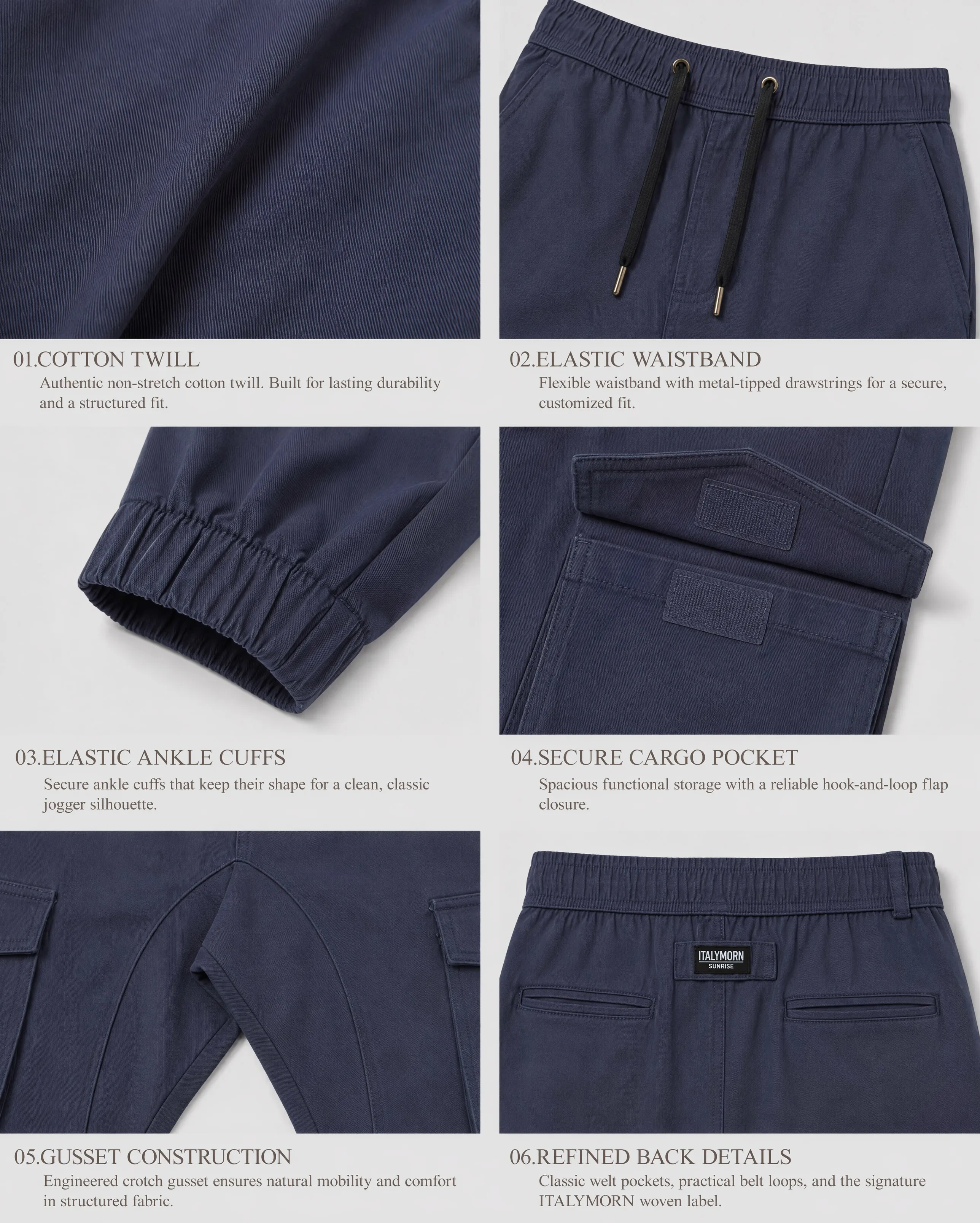 A collage of six close-up details of navy blue cargo joggers, highlighting the 100% cotton non-stretch twill fabric, elastic waistband with metal-tipped drawstrings, ankle cuffs, secure hook-and-loop cargo pockets, crotch gusset construction, and refined back pockets.