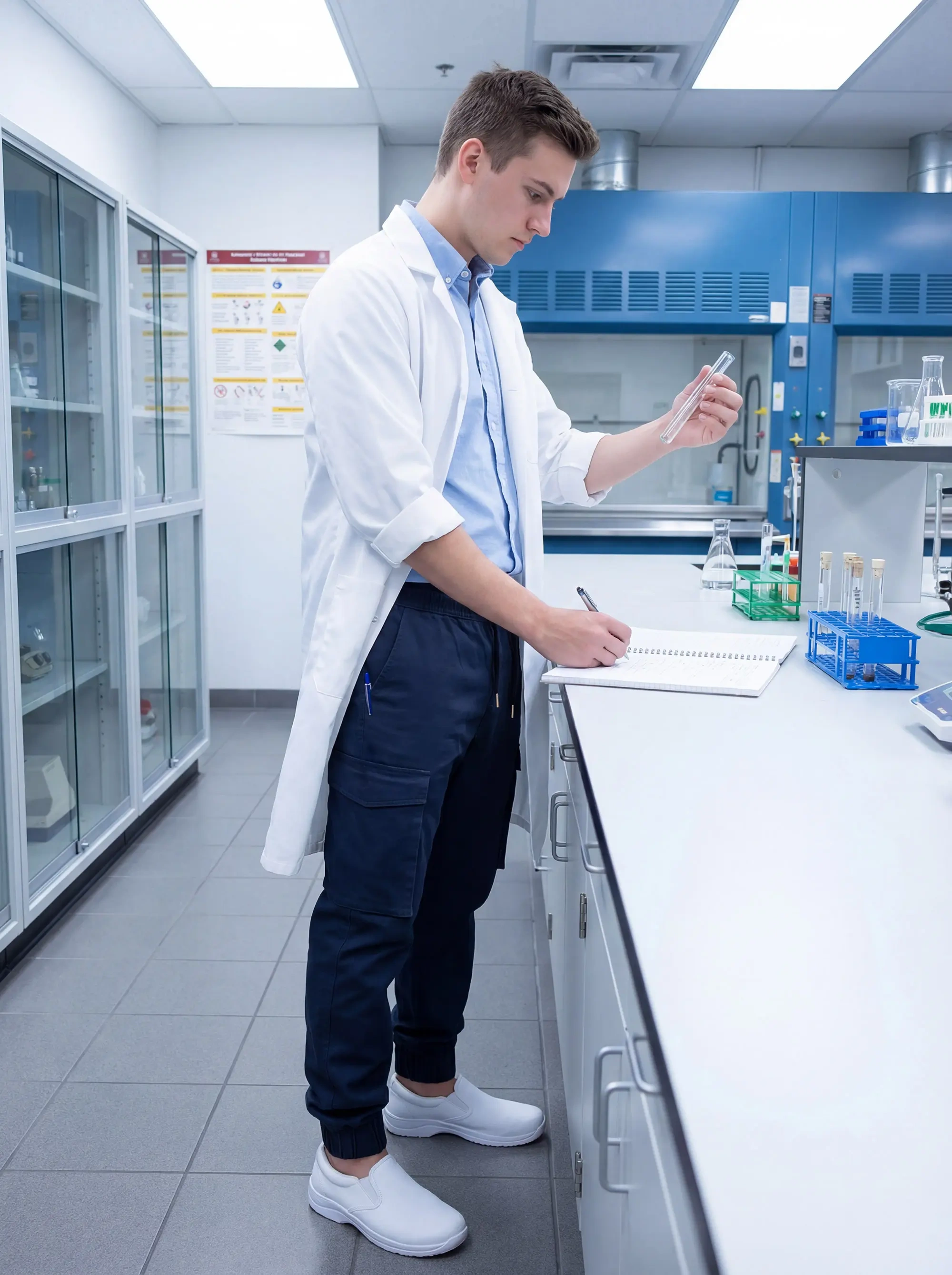 A male scientist working in a bright laboratory, wearing a white lab coat, a light blue shirt, and men's navy blue cargo joggers, holding a test tube while writing notes in a notebook.