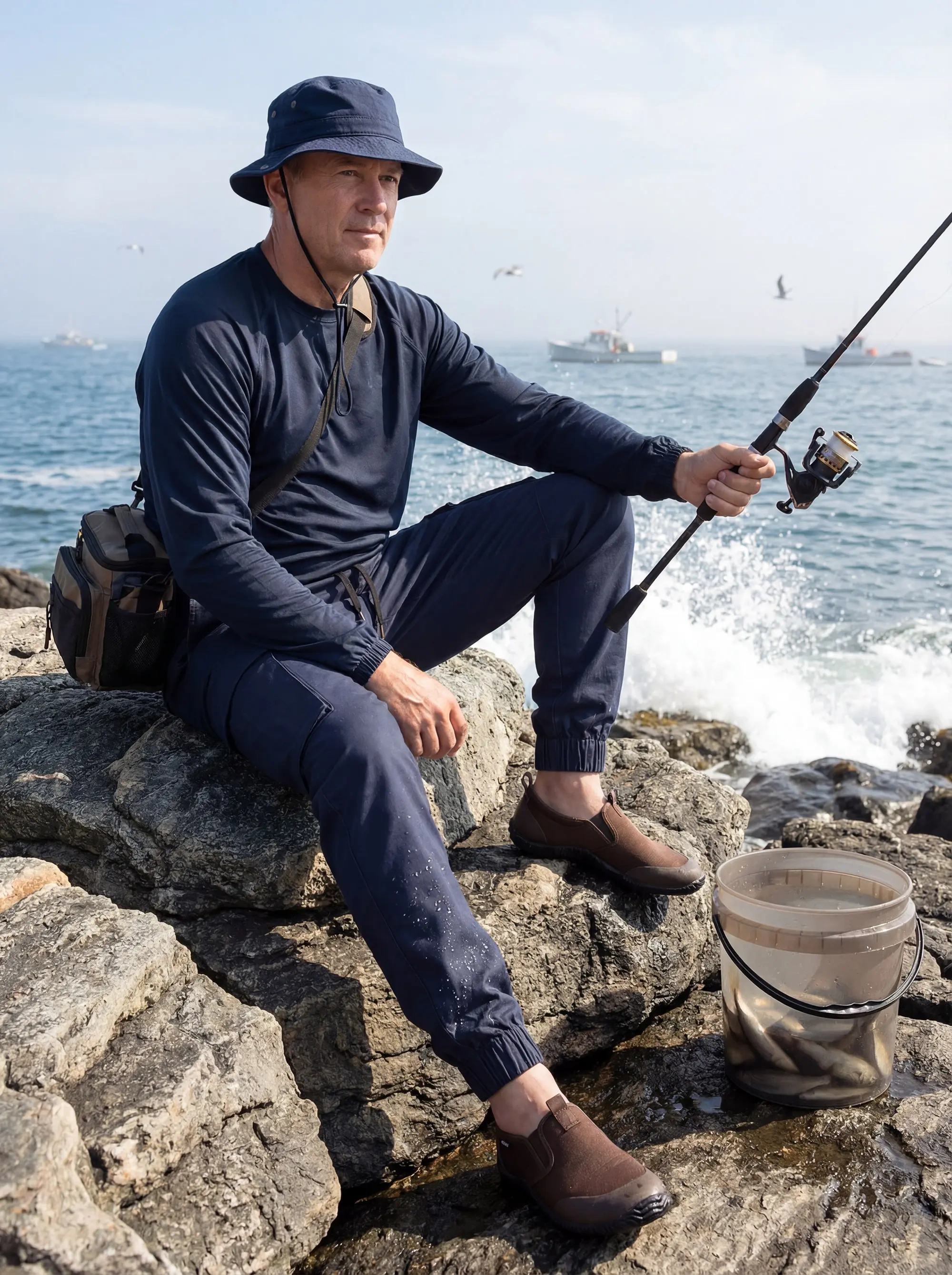 A man fishing on a rocky shoreline, wearing a navy bucket hat, a navy long-sleeve shirt, and men's navy blue cargo joggers with brown slip-on shoes, holding a fishing rod next to a bucket of fish.