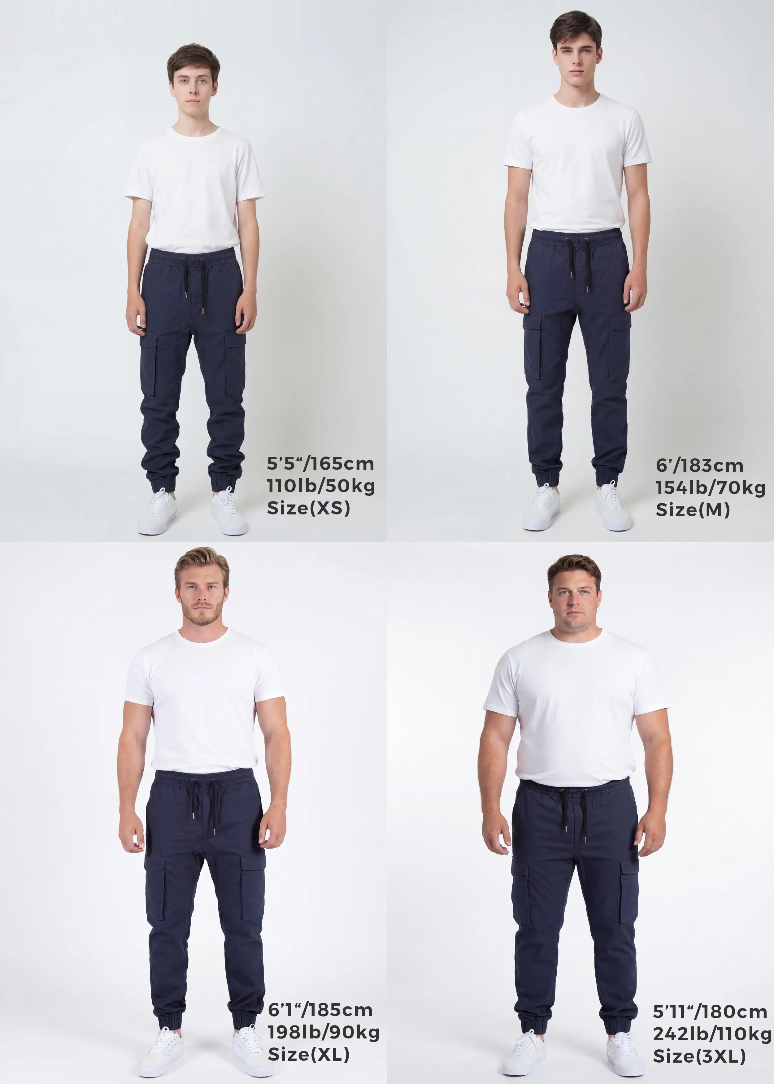 A comprehensive sizing guide showing four different male models wearing the same navy blue cargo joggers. It displays size XS on a 5 foot 5 model, size M on a 6 foot model, size XL on a 6 foot 1 model, and size 3XL on a 5 foot 11 model to help customers find their perfect fit.