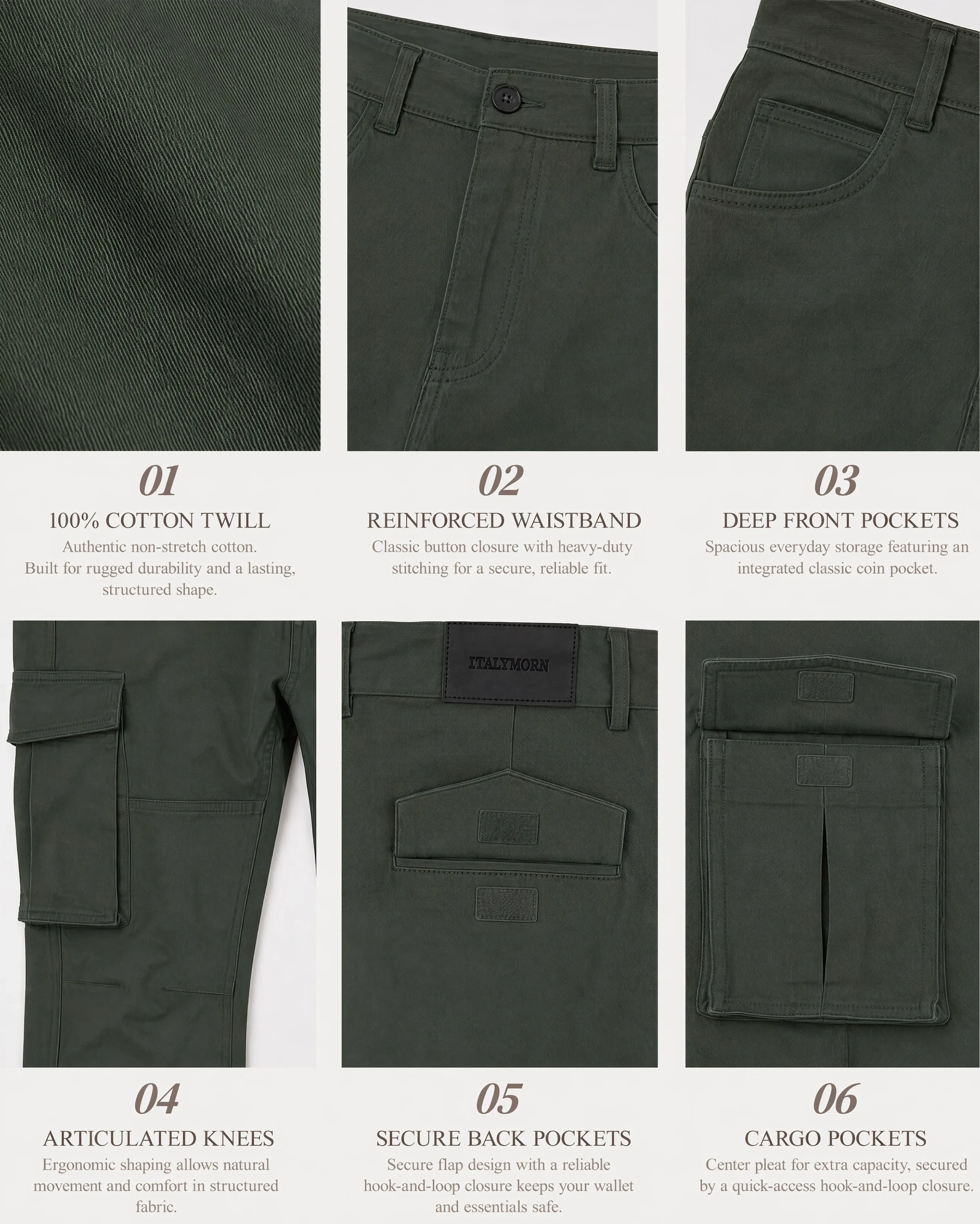 A collage of six close-up details of army green cargo pants, highlighting the authentic 100% cotton twill fabric, reinforced waistband with button closure, integrated coin pocket, ergonomic articulated knees, secure flap back pockets, and pleated cargo pockets.