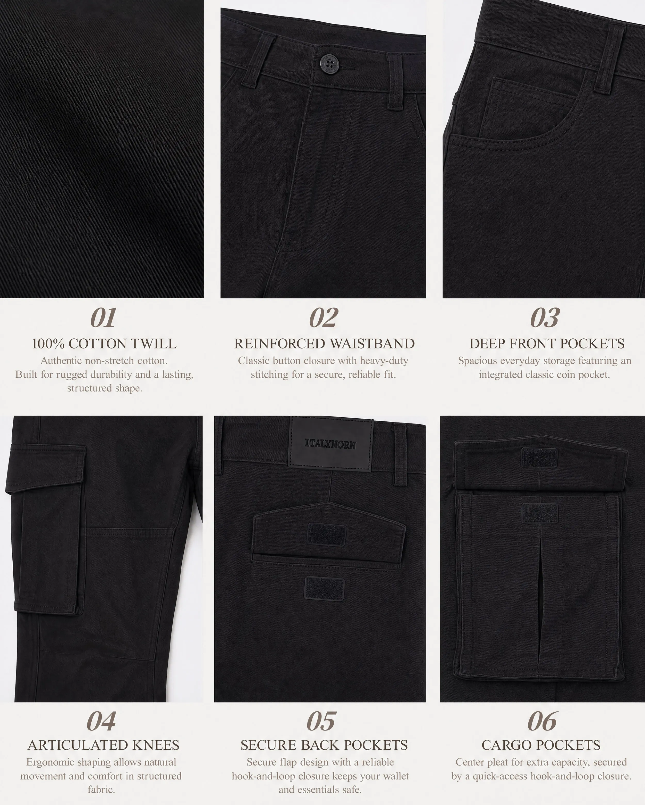 A collage of six close-up details of black cargo pants, highlighting the authentic 100% cotton twill fabric, reinforced waistband with button closure, integrated coin pocket, ergonomic articulated knees, secure flap back pockets, and pleated cargo pockets.