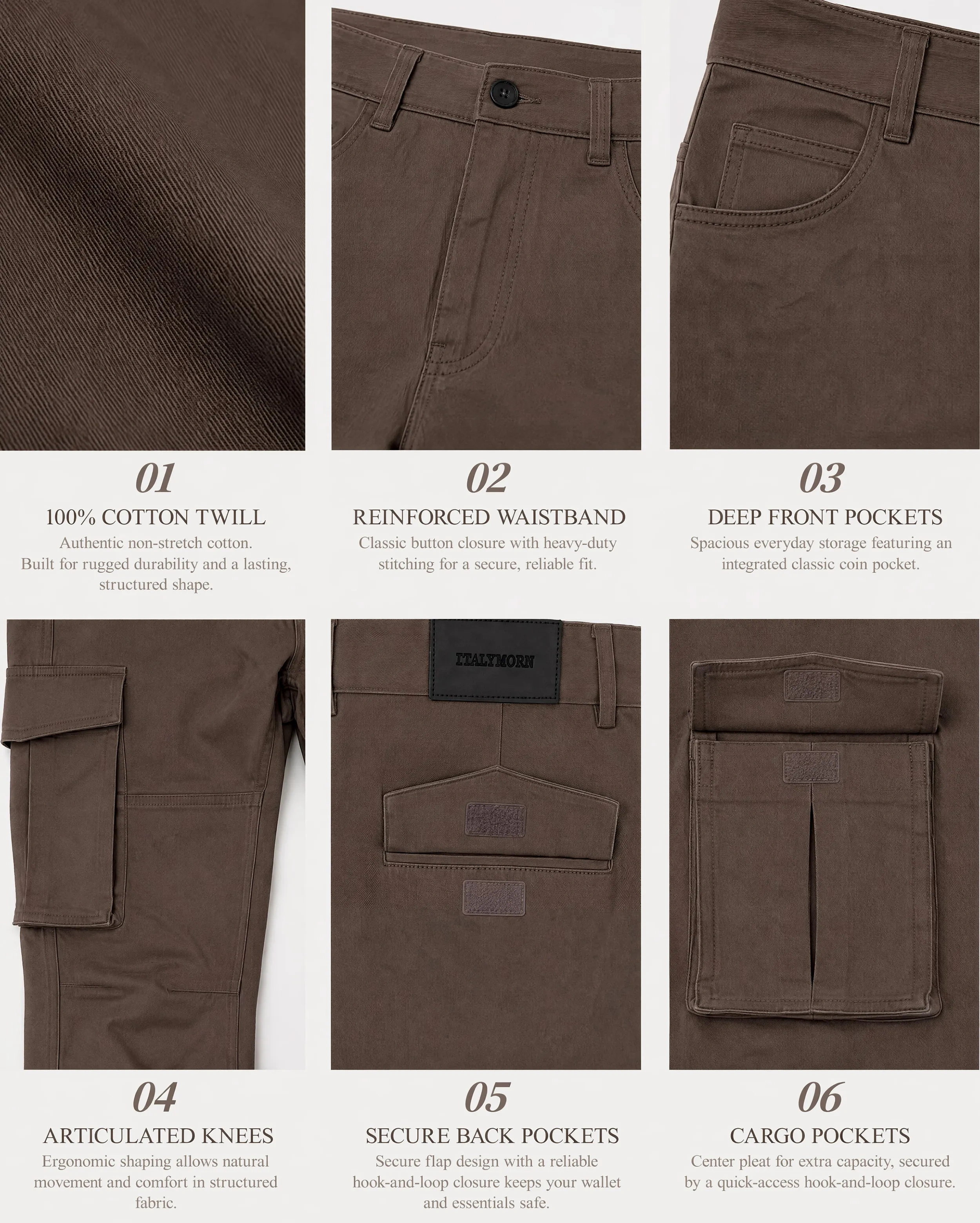 A collage of six close-up details of coffee brown cargo pants, highlighting the authentic 100% cotton twill fabric, reinforced waistband with button closure, integrated coin pocket, ergonomic articulated knees, secure flap back pockets, and pleated cargo pockets.