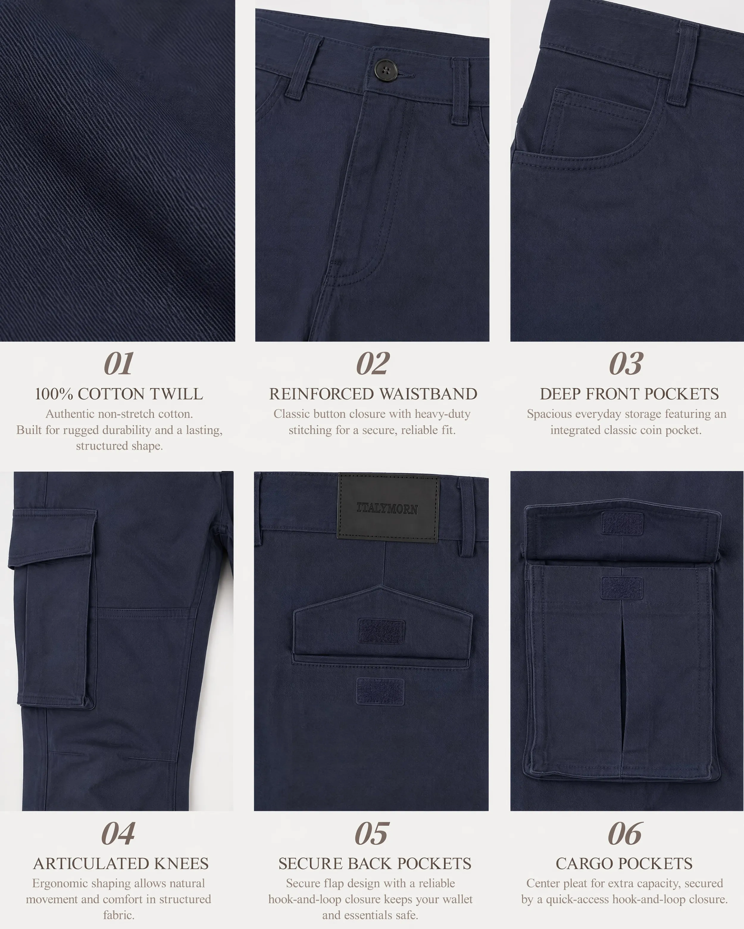 A collage of six close-up details of dark blue cargo pants, highlighting the authentic 100% cotton twill fabric, reinforced waistband with button closure, integrated coin pocket, ergonomic articulated knees, secure flap back pockets, and pleated cargo pockets.