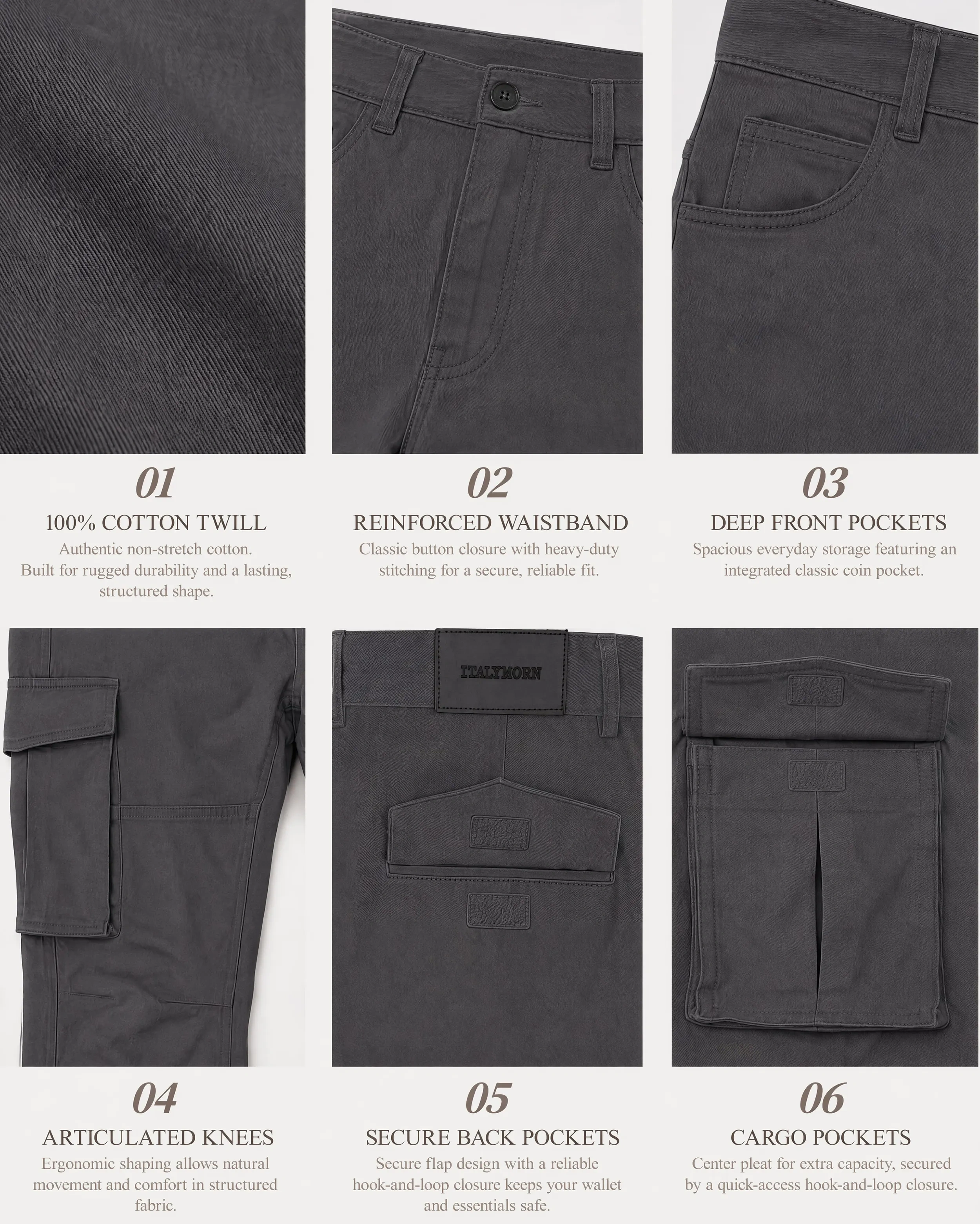  A collage of six close-up details of dark grey cargo pants, highlighting the authentic 100% cotton twill fabric, reinforced waistband with button closure, integrated coin pocket, ergonomic articulated knees, secure flap back pockets, and pleated cargo pockets.
