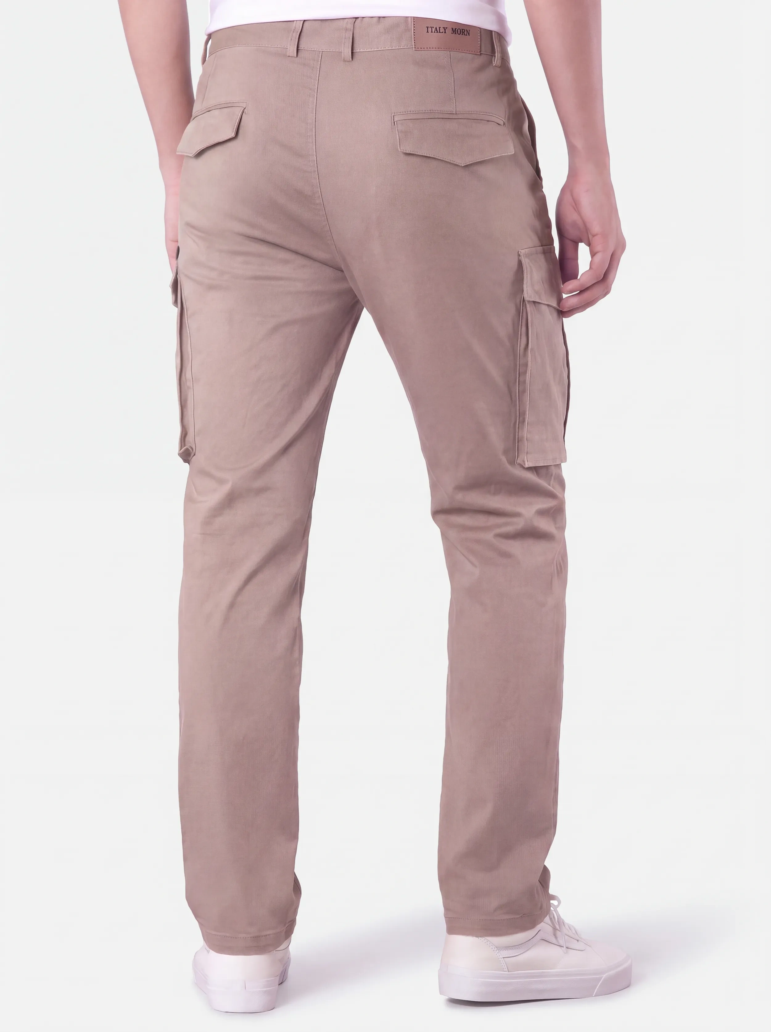 Back view of a male model wearing men's dark khaki cargo pants, showcasing a tailored fit, secure flap back pockets with the ITALYMORN brand patch, and a reinforced waistband.