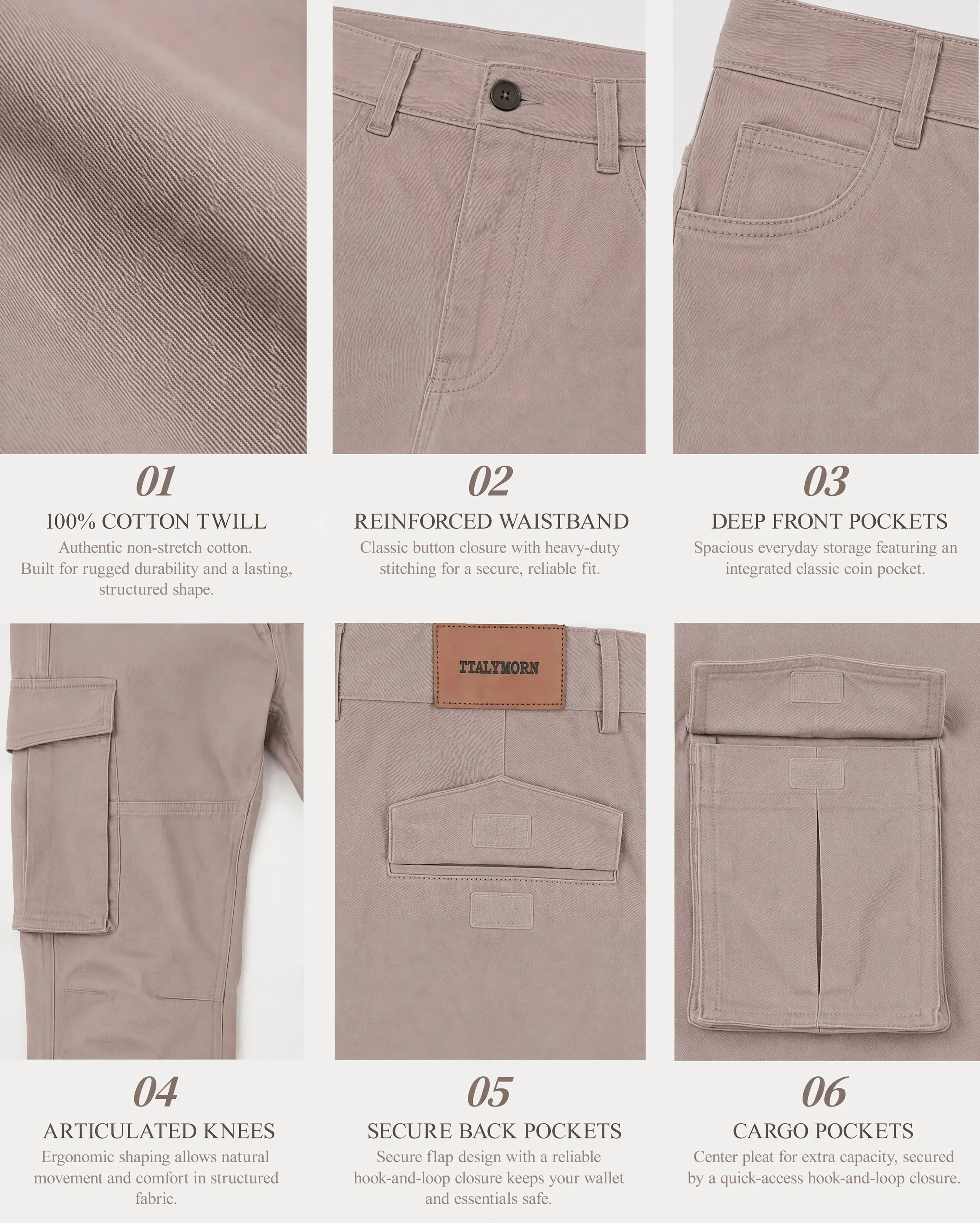 A collage of six close-up details of dark khaki cargo pants, highlighting the authentic 100% cotton twill fabric, reinforced waistband with button closure, integrated coin pocket, ergonomic articulated knees, secure flap back pockets, and pleated cargo pockets.