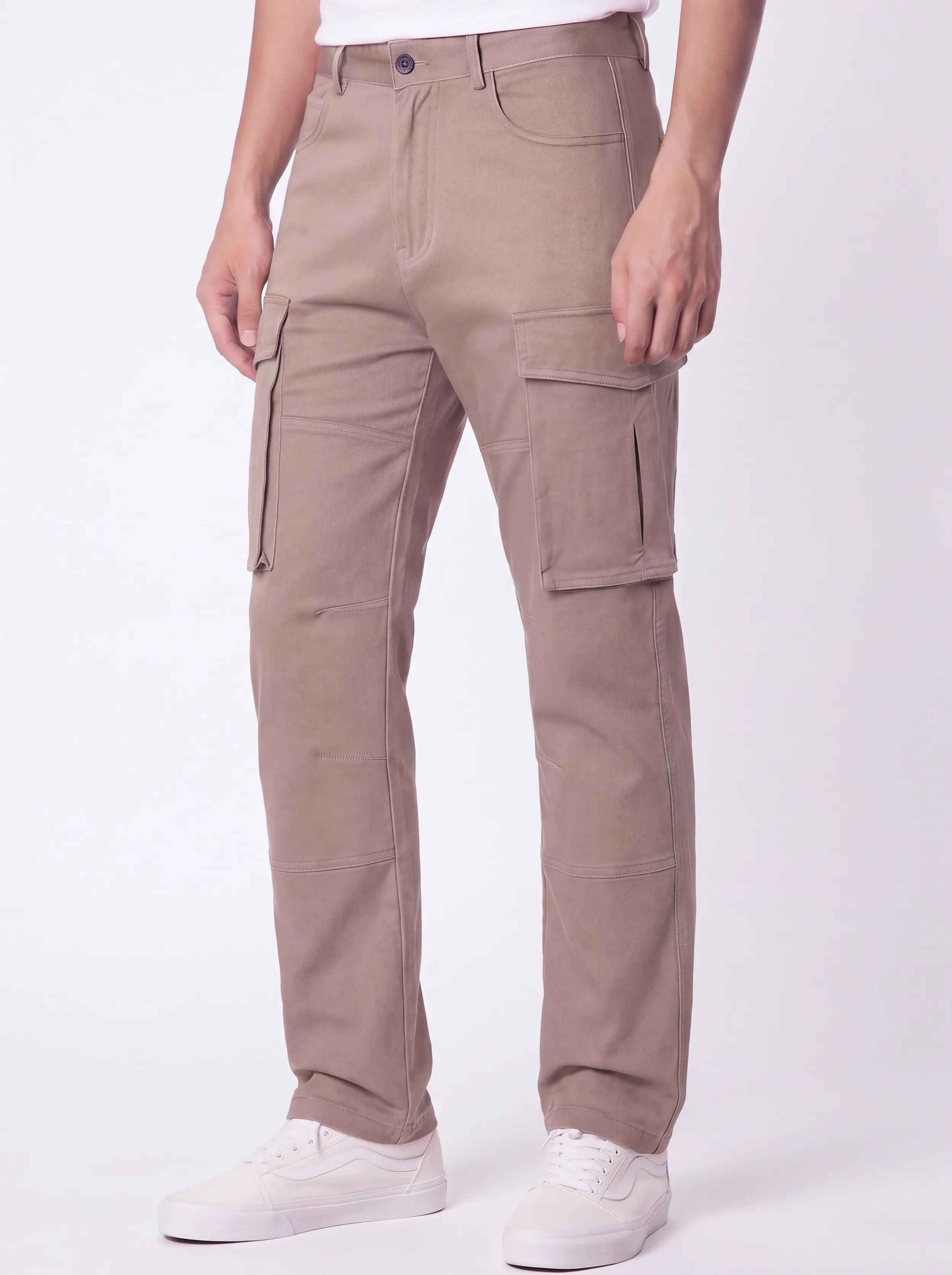 Front view of a male model wearing ITALYMORN men's dark khaki cargo pants, featuring a classic button closure, deep front pockets, and functional side cargo pockets, paired with white sneakers.