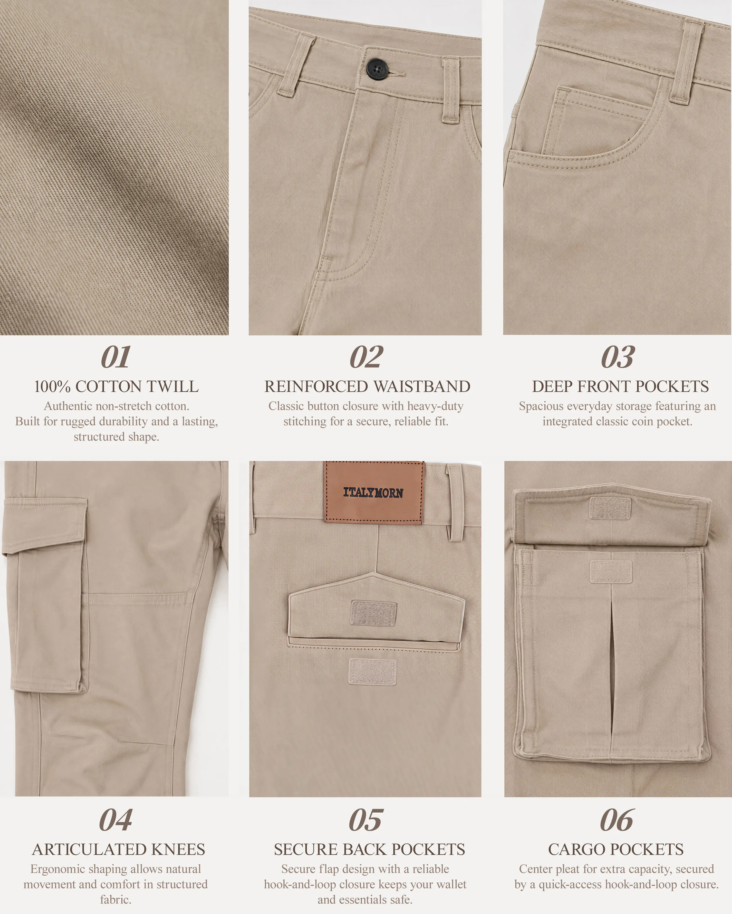 A collage of six close-up details of khaki cargo pants, highlighting the authentic 100% cotton twill fabric, reinforced waistband with button closure, integrated coin pocket, ergonomic articulated knees, secure flap back pockets, and pleated cargo pockets.