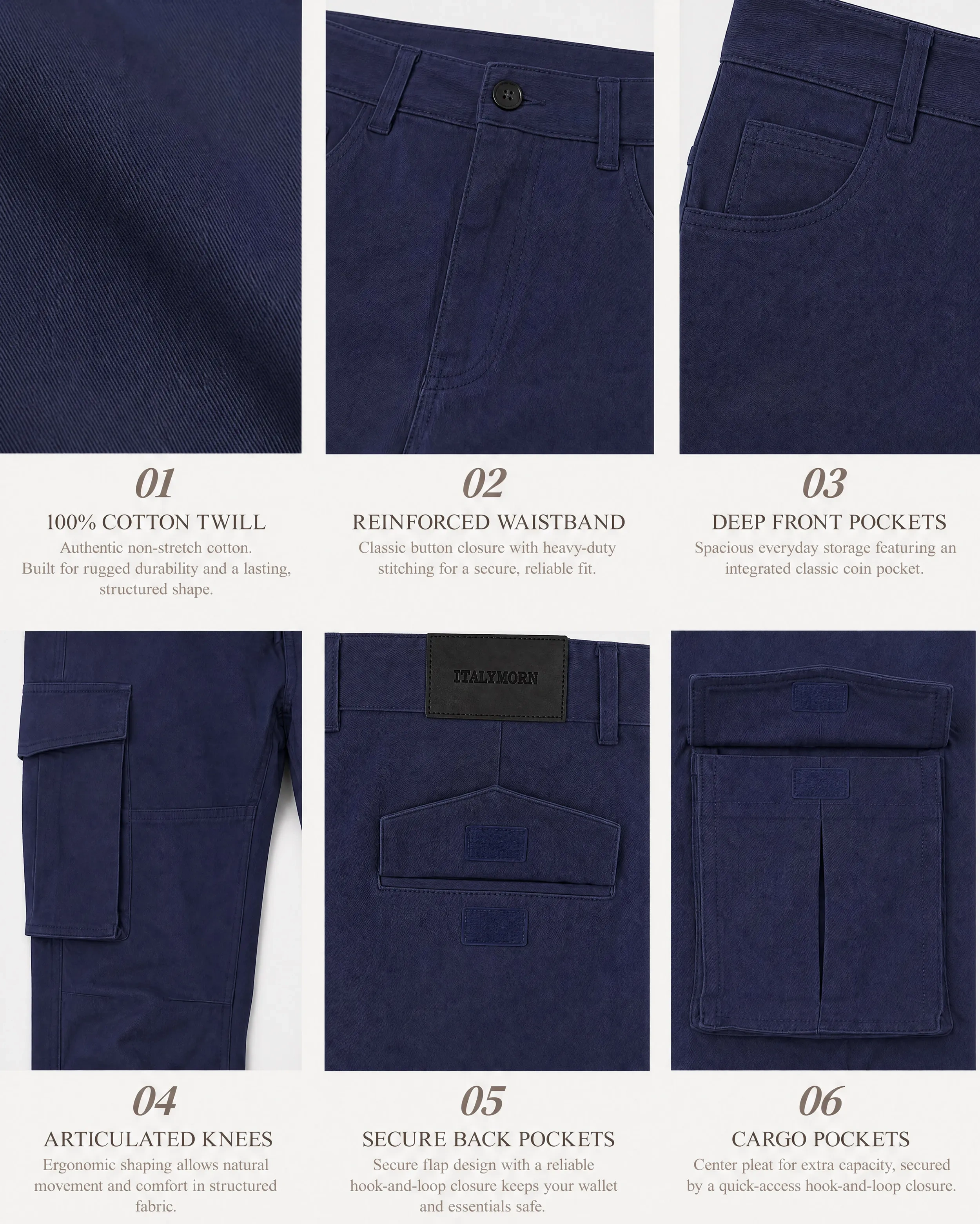 A collage of six close-up details of navy blue cargo pants, highlighting the authentic 100% cotton twill fabric, reinforced waistband with button closure, integrated coin pocket, ergonomic articulated knees, secure flap back pockets, and pleated cargo pockets.
