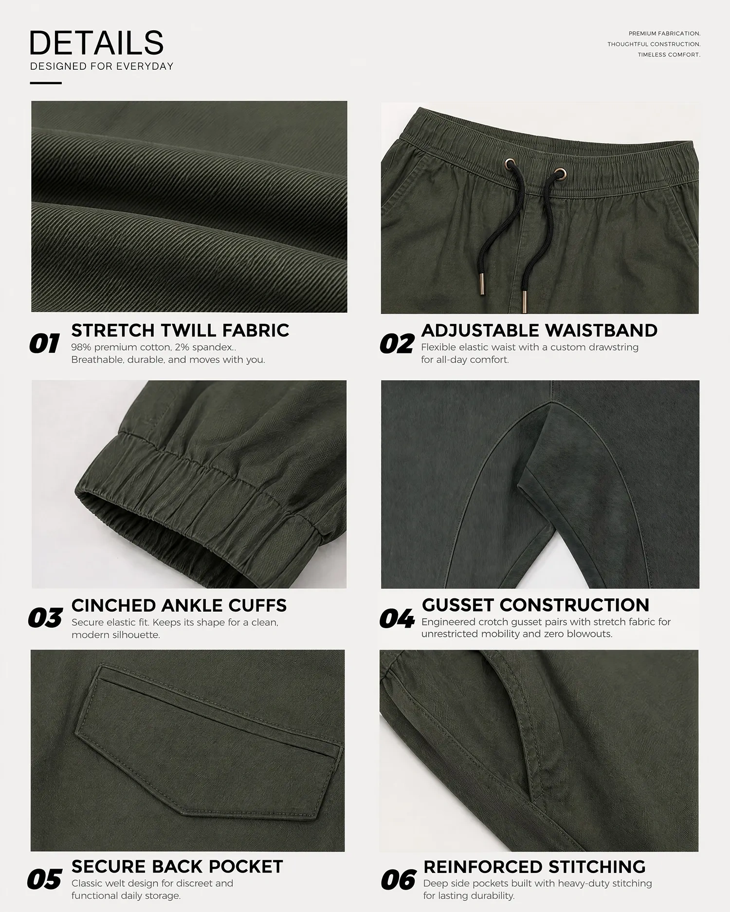 A collage of six close-up details of army green men's chino joggers, highlighting the stretch twill fabric made of 98% premium cotton and 2% spandex, an adjustable elastic waistband with drawstring, cinched ankle cuffs, crotch gusset construction, a secure welt back pocket, and deep side pockets with reinforced stitching.