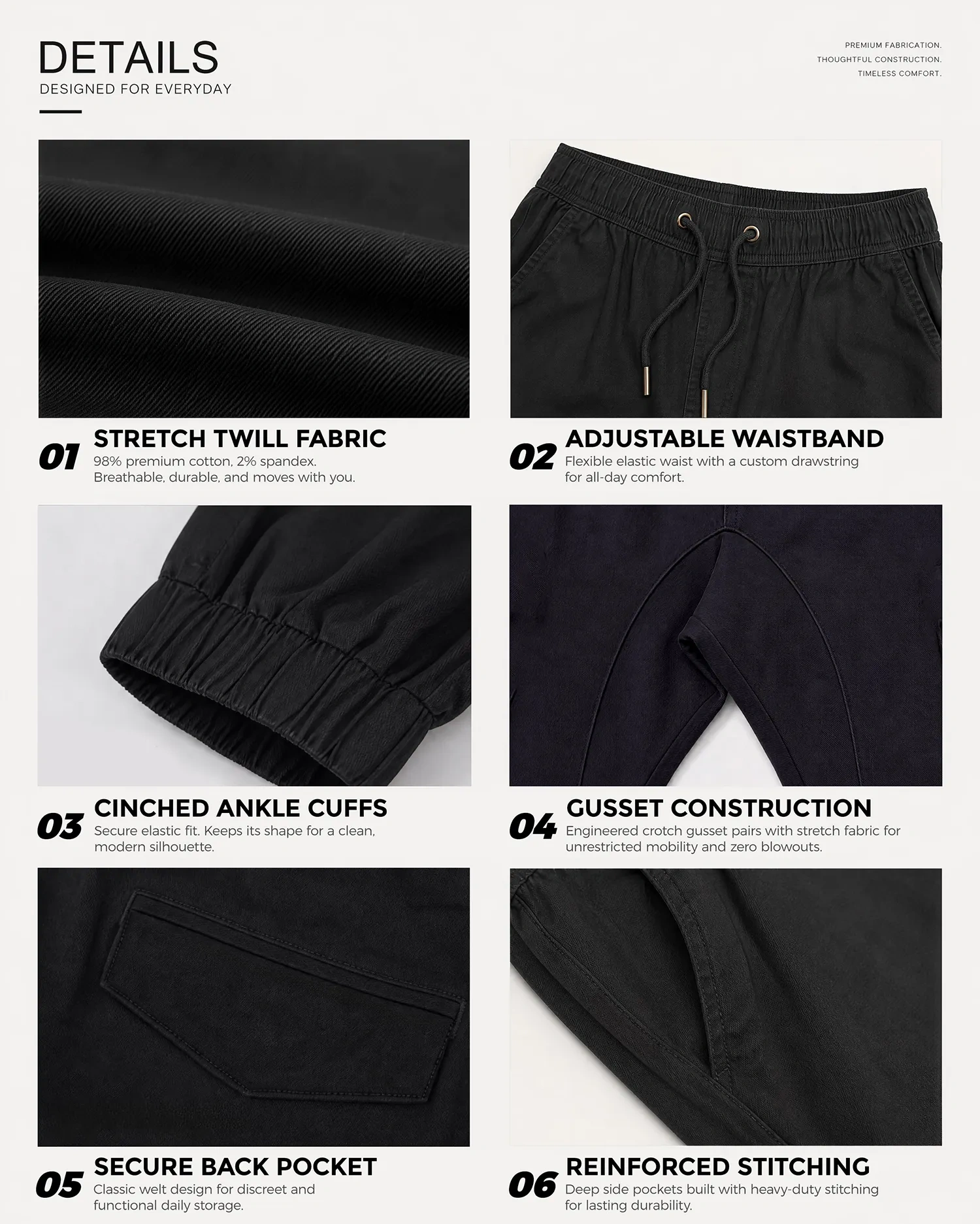 A collage of six close-up details of black men's chino joggers, highlighting the stretch twill fabric made of 98% premium cotton and 2% spandex, an adjustable elastic waistband with drawstring, cinched ankle cuffs, crotch gusset construction, a secure welt back pocket, and deep side pockets with reinforced stitching.