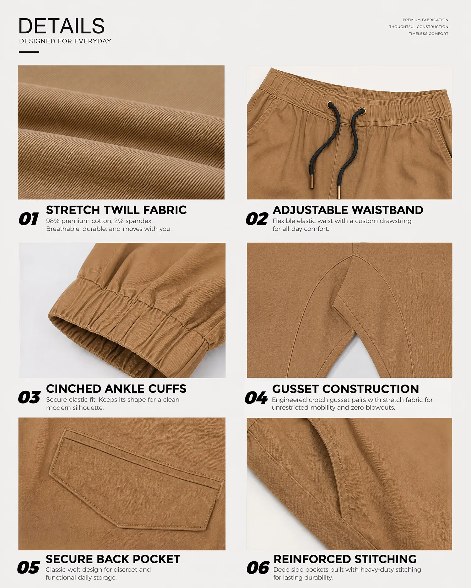 A collage of six close-up details of brown men's chino joggers, highlighting the stretch twill fabric made of 98% premium cotton and 2% spandex, an adjustable elastic waistband with drawstring, cinched ankle cuffs, crotch gusset construction, a secure welt back pocket, and deep side pockets with reinforced stitching.