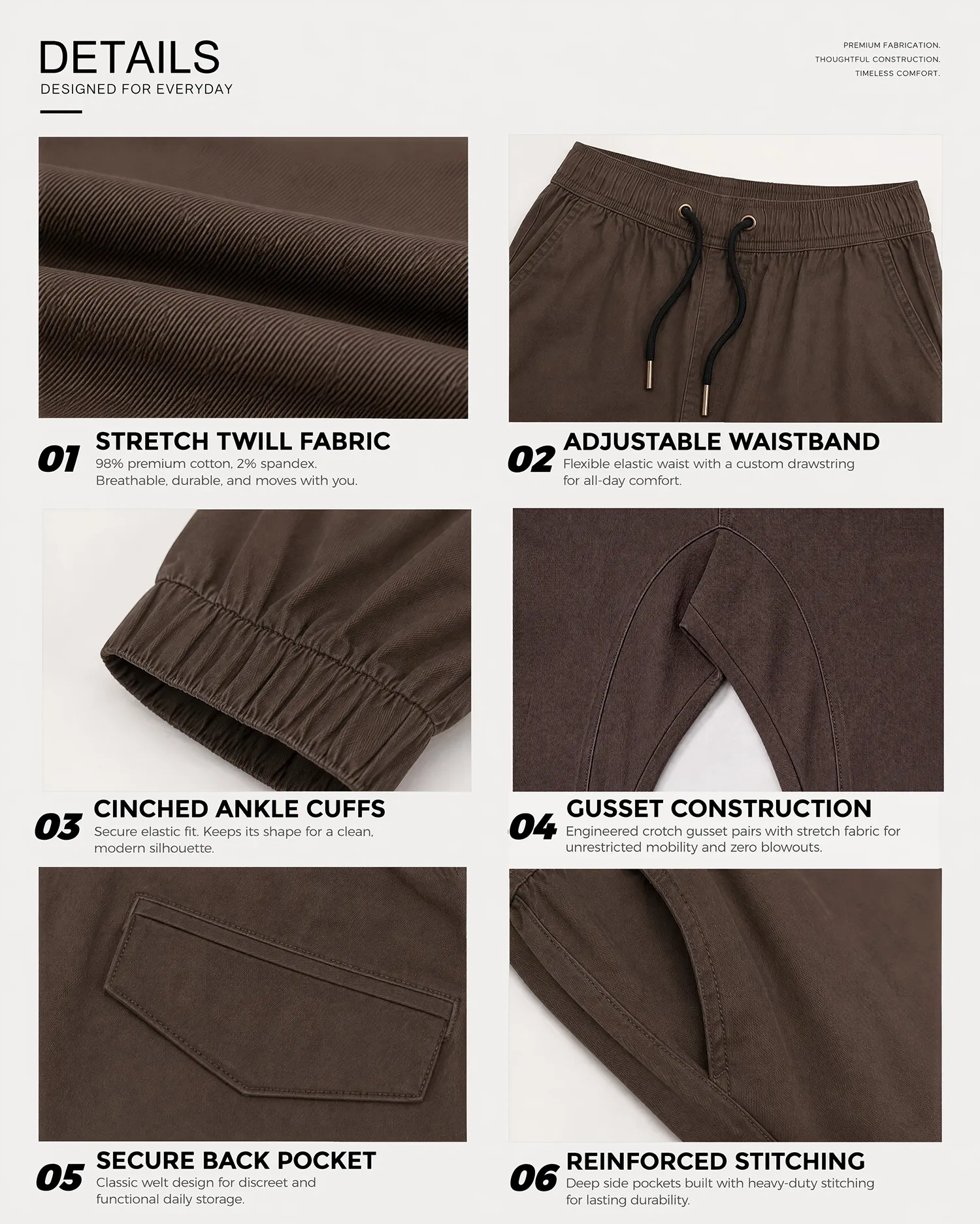 A collage of six close-up details of coffee men's chino joggers, highlighting the stretch twill fabric made of 98% premium cotton and 2% spandex, an adjustable elastic waistband with drawstring, cinched ankle cuffs, crotch gusset construction, a secure welt back pocket, and deep side pockets with reinforced stitching.