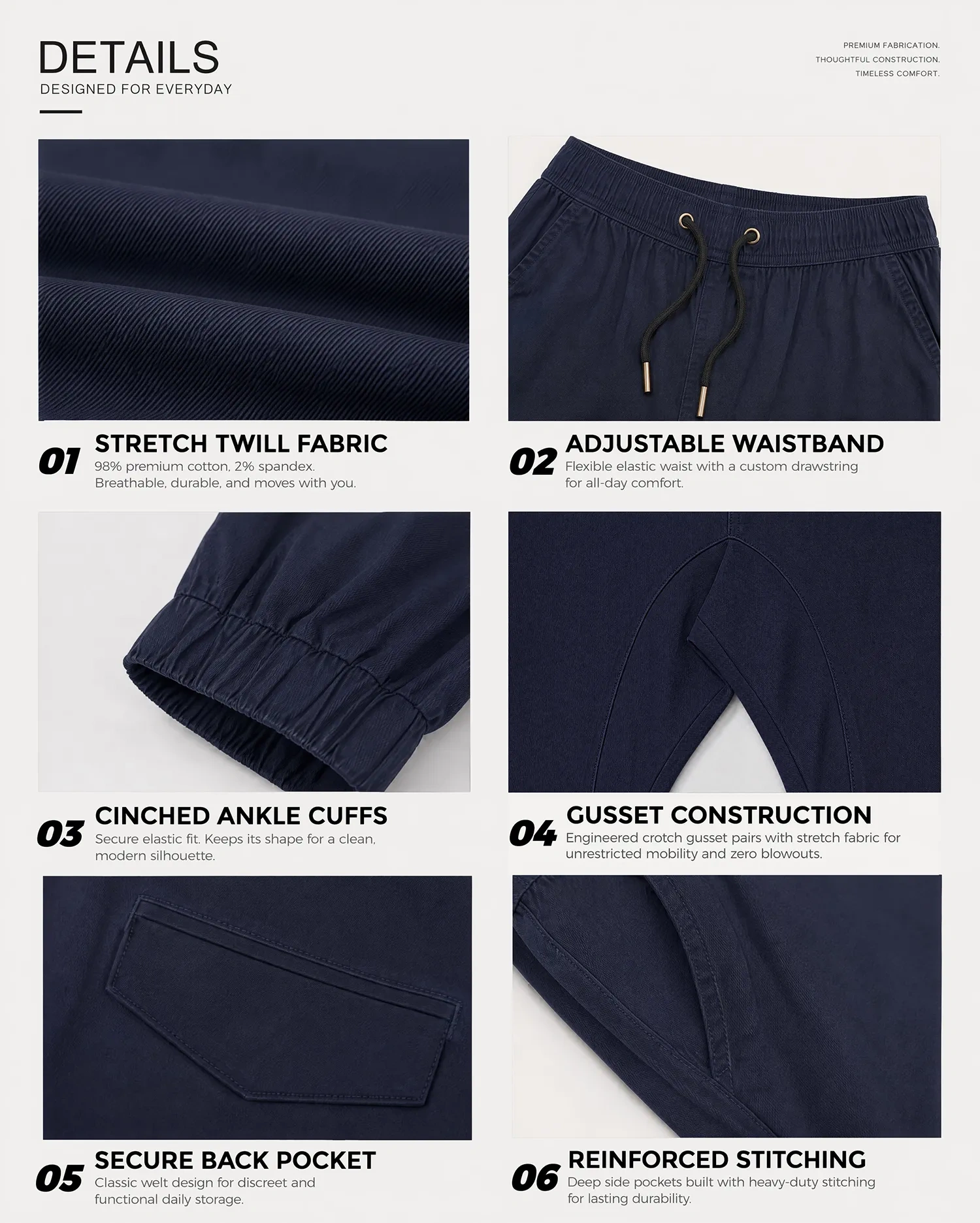 A collage of six close-up details of dark blue men's chino joggers, highlighting the stretch twill fabric made of 98% premium cotton and 2% spandex, an adjustable elastic waistband with drawstring, cinched ankle cuffs, crotch gusset construction, a secure welt back pocket, and deep side pockets with reinforced stitching.
