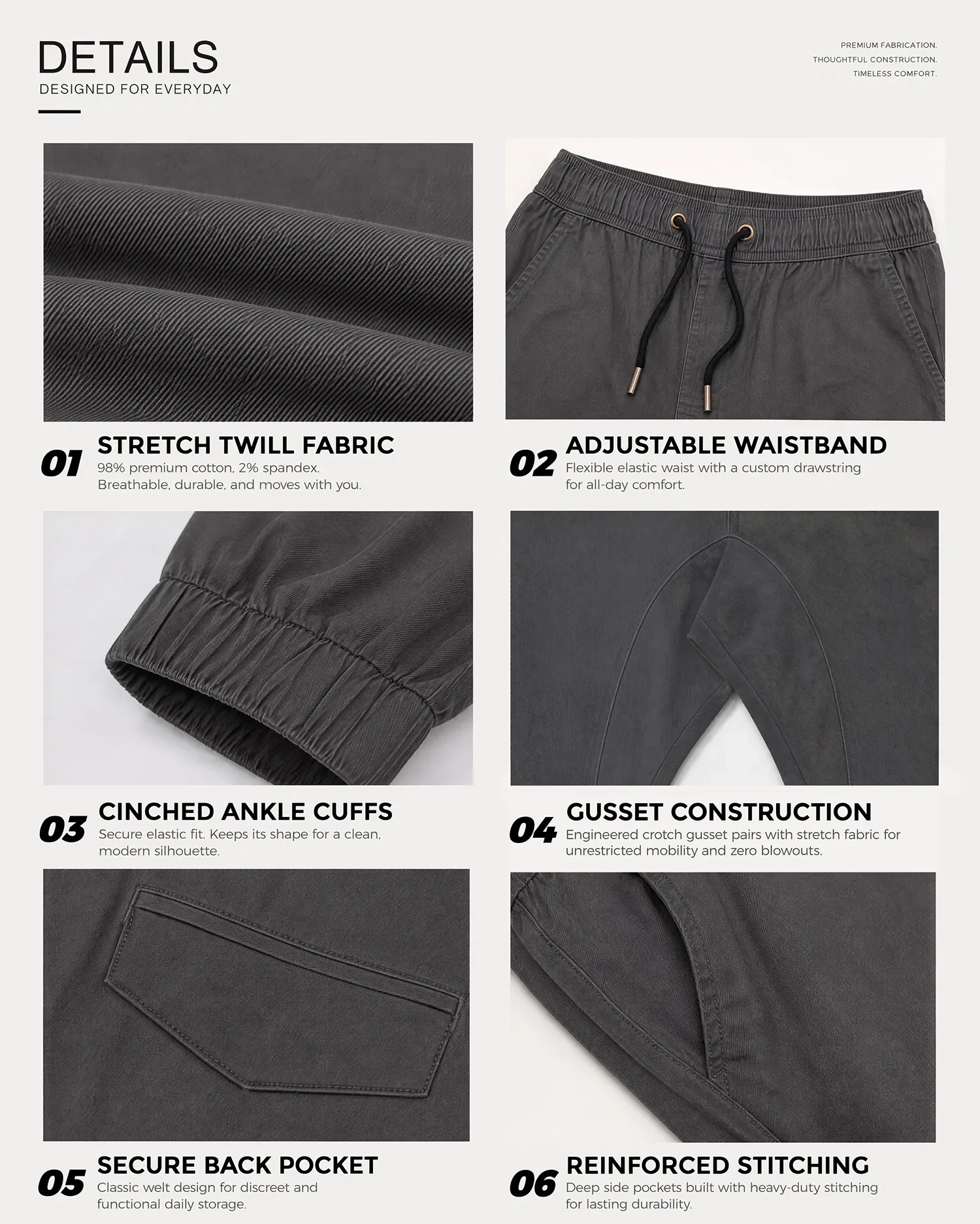 A collage of six close-up details of dark grey men's chino joggers, highlighting the stretch twill fabric made of 98% premium cotton and 2% spandex, an adjustable elastic waistband with drawstring, cinched ankle cuffs, crotch gusset construction, a secure welt back pocket, and deep side pockets with reinforced stitching.