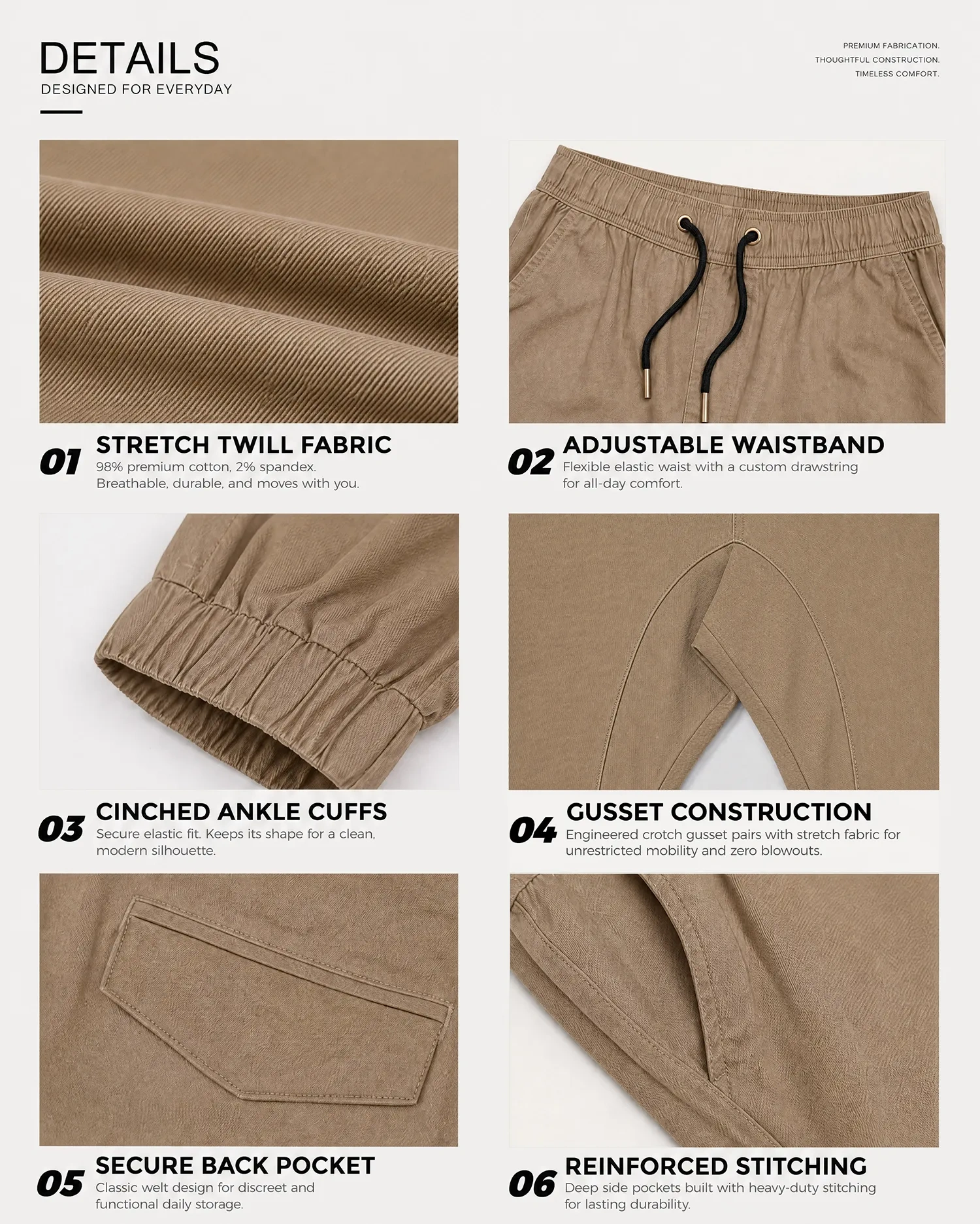 A collage of six close-up details of dark khaki men's chino joggers, highlighting the stretch twill fabric made of 98% premium cotton and 2% spandex, an adjustable elastic waistband with drawstring, cinched ankle cuffs, crotch gusset construction, a secure welt back pocket, and deep side pockets with reinforced stitching.