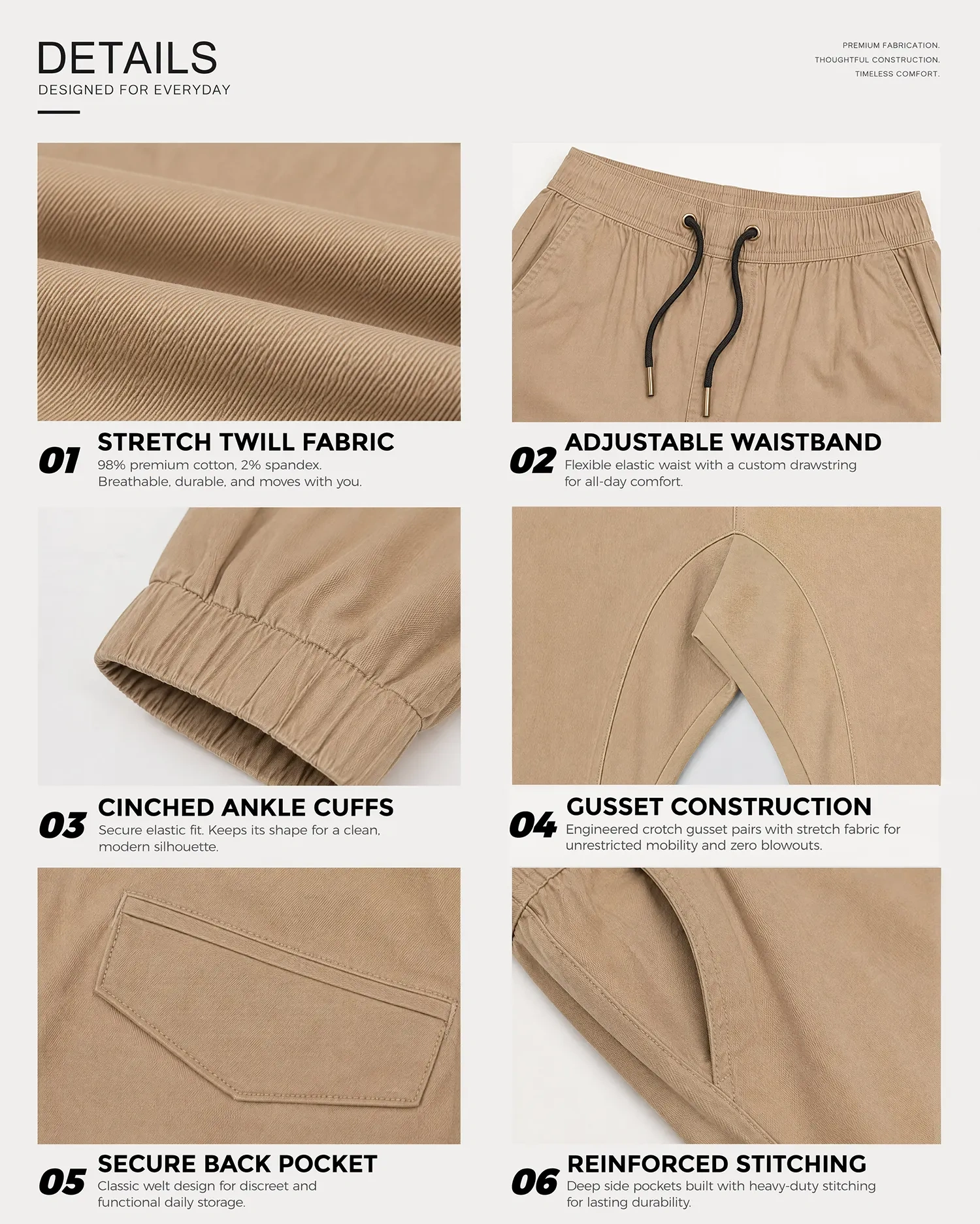 A collage of six close-up details of khaki men's chino joggers, highlighting the stretch twill fabric made of 98% premium cotton and 2% spandex, an adjustable elastic waistband with drawstring, cinched ankle cuffs, crotch gusset construction, a secure welt back pocket, and deep side pockets with reinforced stitching.