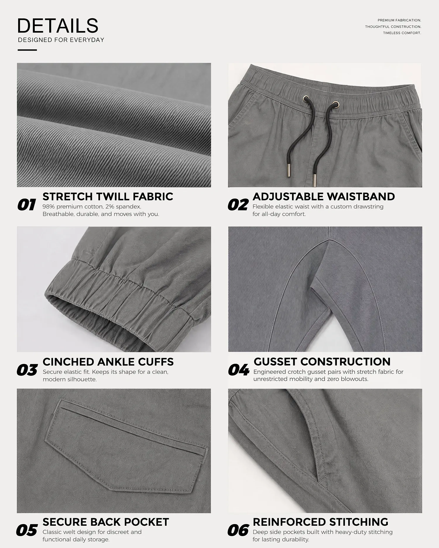 A collage of six close-up details of mid grey men's chino joggers, highlighting the stretch twill fabric made of 98% premium cotton and 2% spandex, an adjustable elastic waistband with drawstring, cinched ankle cuffs, crotch gusset construction, a secure welt back pocket, and deep side pockets with reinforced stitching.