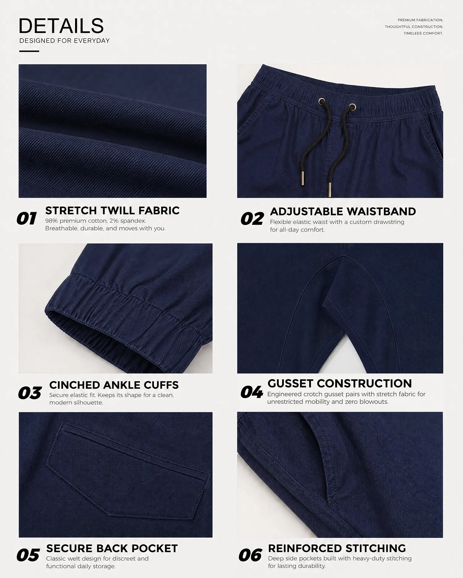 A collage of six close-up details of navy blue men's chino joggers, highlighting the stretch twill fabric made of 98% premium cotton and 2% spandex, an adjustable elastic waistband with drawstring, cinched ankle cuffs, crotch gusset construction, a secure welt back pocket, and deep side pockets with reinforced stitching.