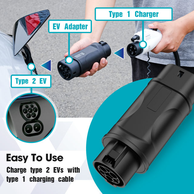Type 1 to Type 2 EV Adapter, EV Charging Cable Adapter 32A Type 1 (SAE J1772) Male to Type 2 (IEC62196) Female