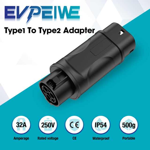 Type 1 to Type 2 EV Adapter, EV Charging Cable Adapter 32A Type 1 (SAE J1772) Male to Type 2 (IEC62196) Female