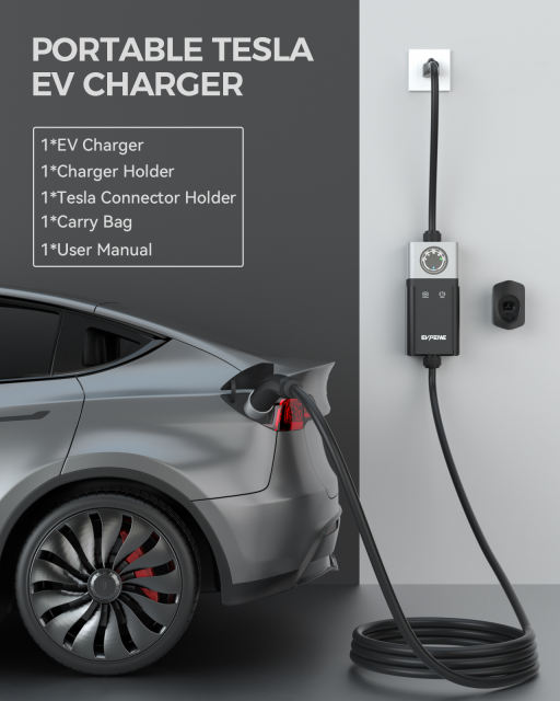 25FT Tesla Charger，110V 16A Tesla Charger with NEMA 5-15 Plug, Portable Electric Vehicle Charger with Power-Off Button, Compatible with Tesla Model 3/Y/S/X Cybertruck, IP55 with Carry Bag