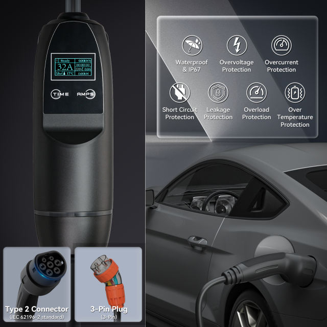 Type 2 Portable EV Charger 32A 7KW | AS/NZS 3100:2022 3 Pin Plug | Single Phase | 6A-32A Adjustable Current | Level 2 EV Charger for IEC 62196-2 EVs Model 3/Y BYD Atto3 MG, IP67 5M Cable