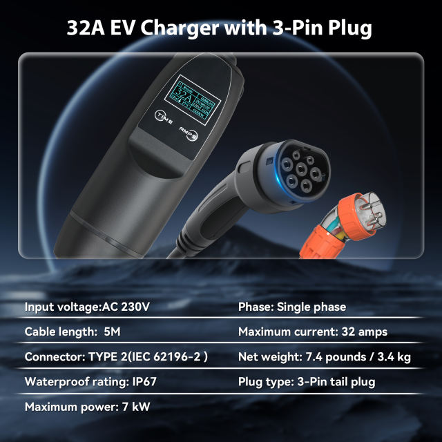 Type 2 Portable EV Charger 32A 7KW | AS/NZS 3100:2022 3 Pin Plug | Single Phase | 6A-32A Adjustable Current | Level 2 EV Charger for IEC 62196-2 EVs Model 3/Y BYD Atto3 MG, IP67 5M Cable