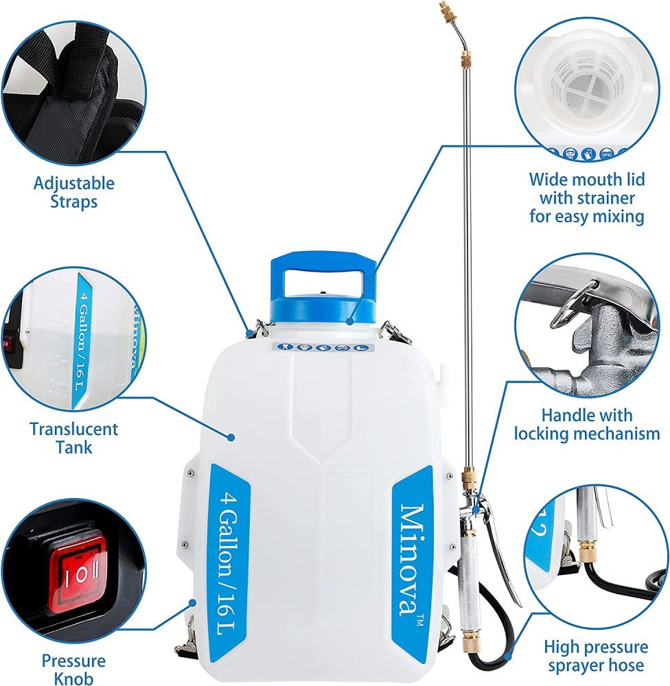 Minova 4 Gallon Garden Sprayer 18 V 2.0 Ah Battery Powered Backpack Sprayer for Spraying, Cleaning, Fertilizing 40-70 PSI Pump with Brass Handle &amp; Multiple Nozzles &amp; Battery and Charger Included