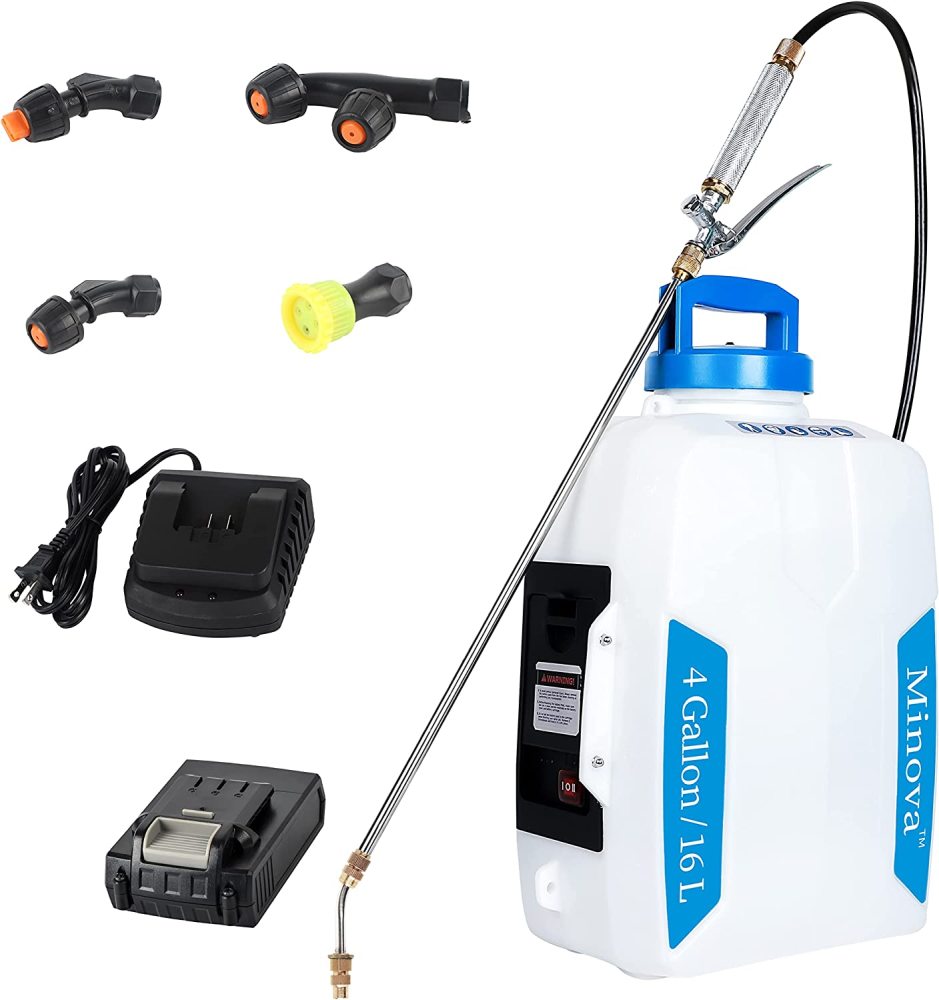 Minova 4 Gallon Garden Sprayer 18 V 2.0 Ah Battery Powered Backpack Sprayer for Spraying, Cleaning, Fertilizing 40-70 PSI Pump with Brass Handle &amp; Multiple Nozzles &amp; Battery and Charger Included