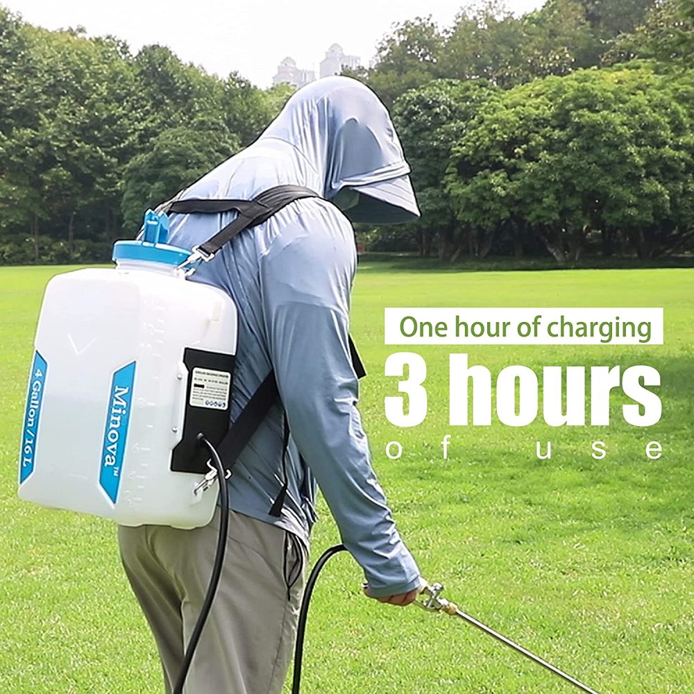 Minova 4 Gallon Garden Sprayer 18 V 2.0 Ah Battery Powered Backpack Sprayer for Spraying, Cleaning, Fertilizing 40-70 PSI Pump with Brass Handle &amp; Multiple Nozzles &amp; Battery and Charger Included