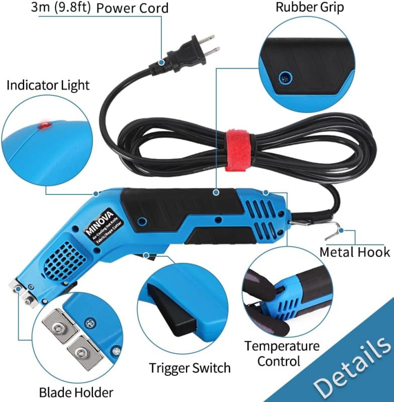 Minova Air Cooled Pro Electric Hot Knife Fabric Cutter Rope Cutting Tool Kit with 3pcs Blades &amp; Accessories