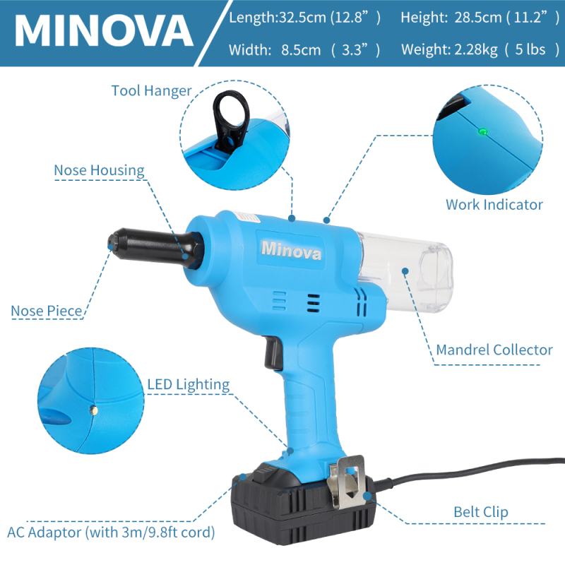 MINOVA Battery Rivet Tool Kit Cordless Rivet Tool KD-02FA Compatible with 3/32" (2.4 mm) to 3/16"(4.8 mm) Stainless Steel Rivets